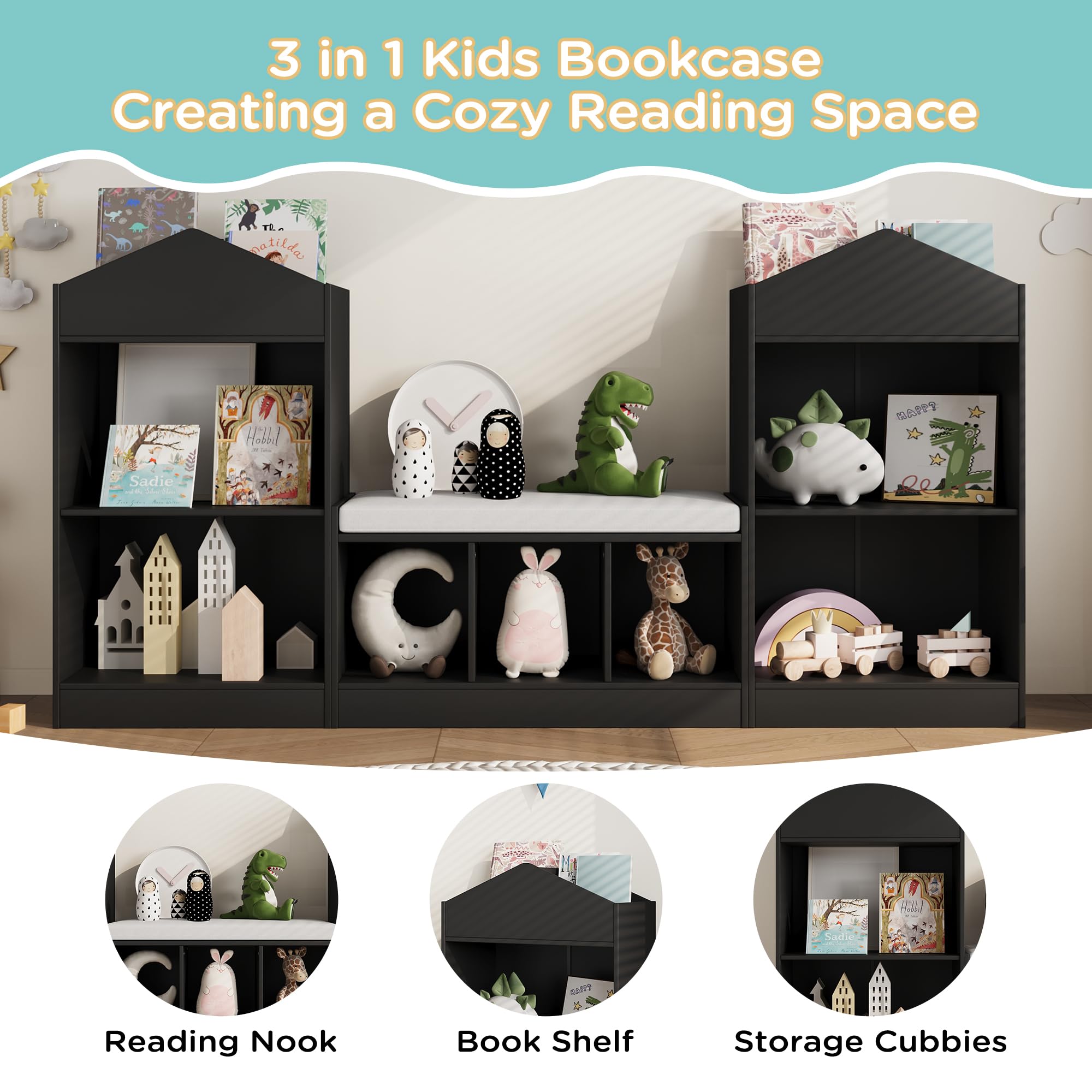 Kids Bookshelf with Reading Nook and Storage
