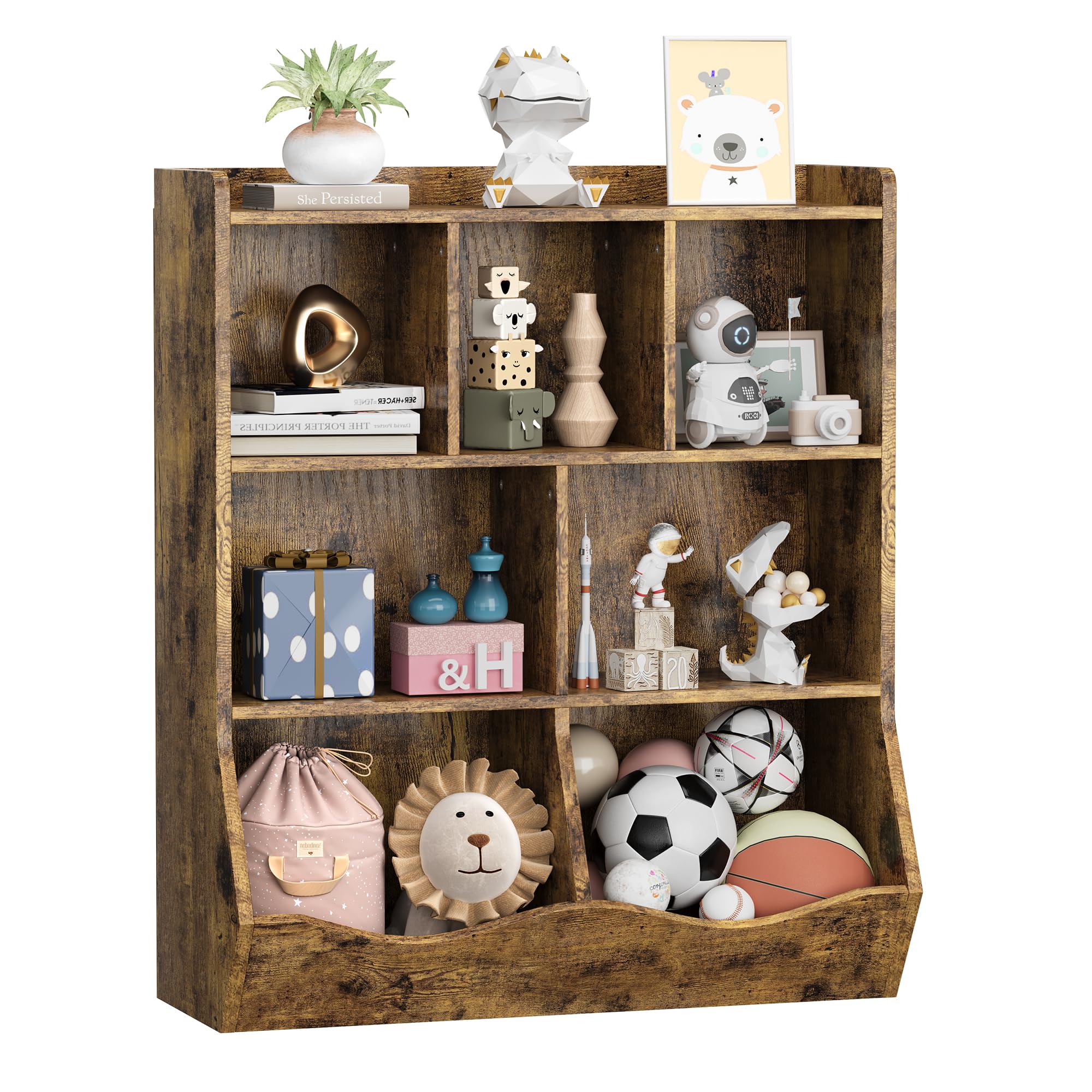 Rustic Brown Toy Storage Cabinet with Tilting Bins
