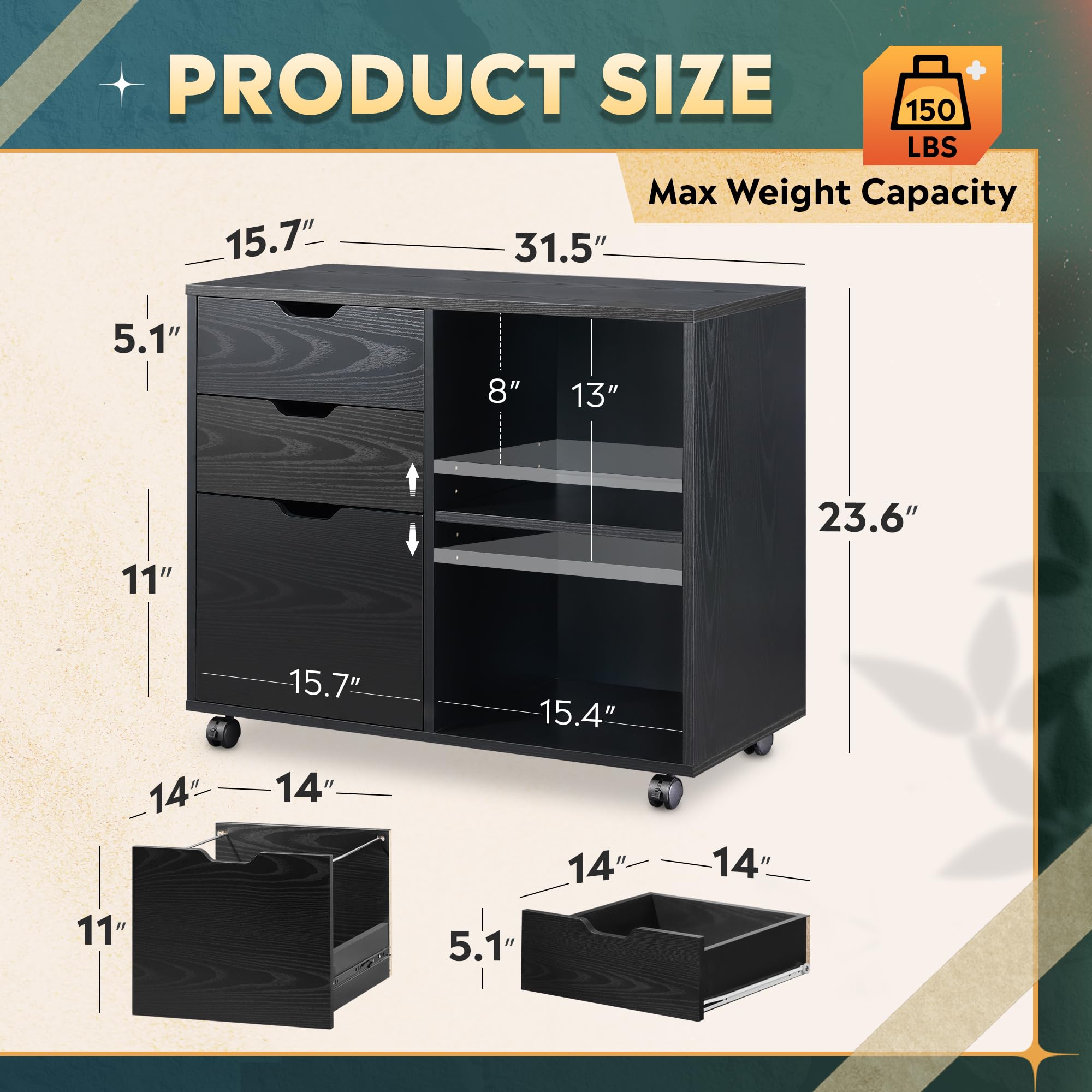 3-Drawer Mobile Lateral File Cabinet with Printer Stand