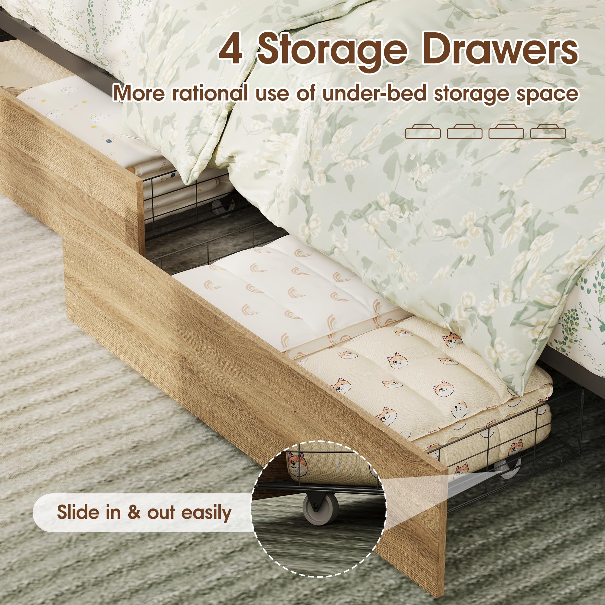 Queen Size Boho Bed Frame with Rattan Storage Headboard and LED Light