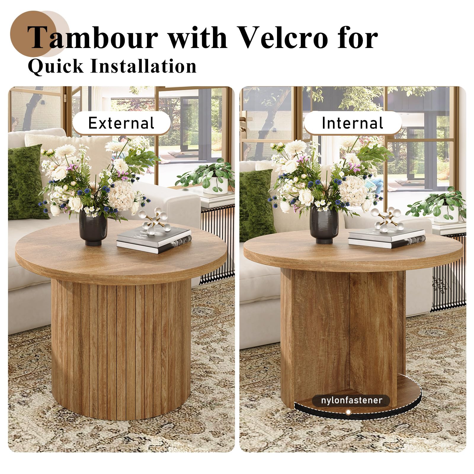 Nesting Coffee Table Set of 2 Mid Century Modern Round Wood Slat Side Tables