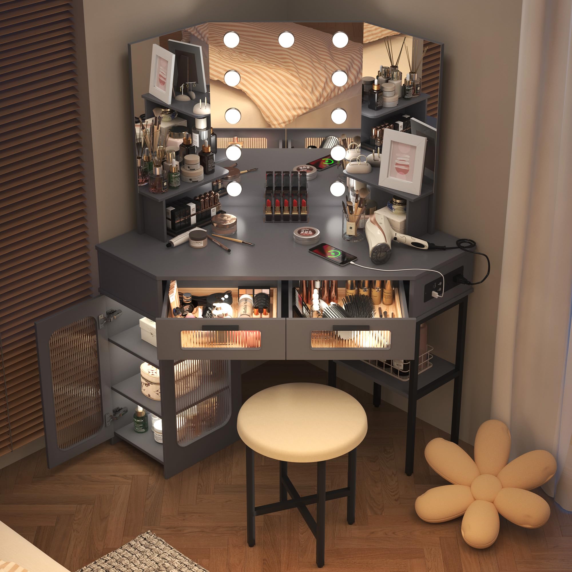 Corner Makeup Vanity Desk with Hollywood Mirror and Lights