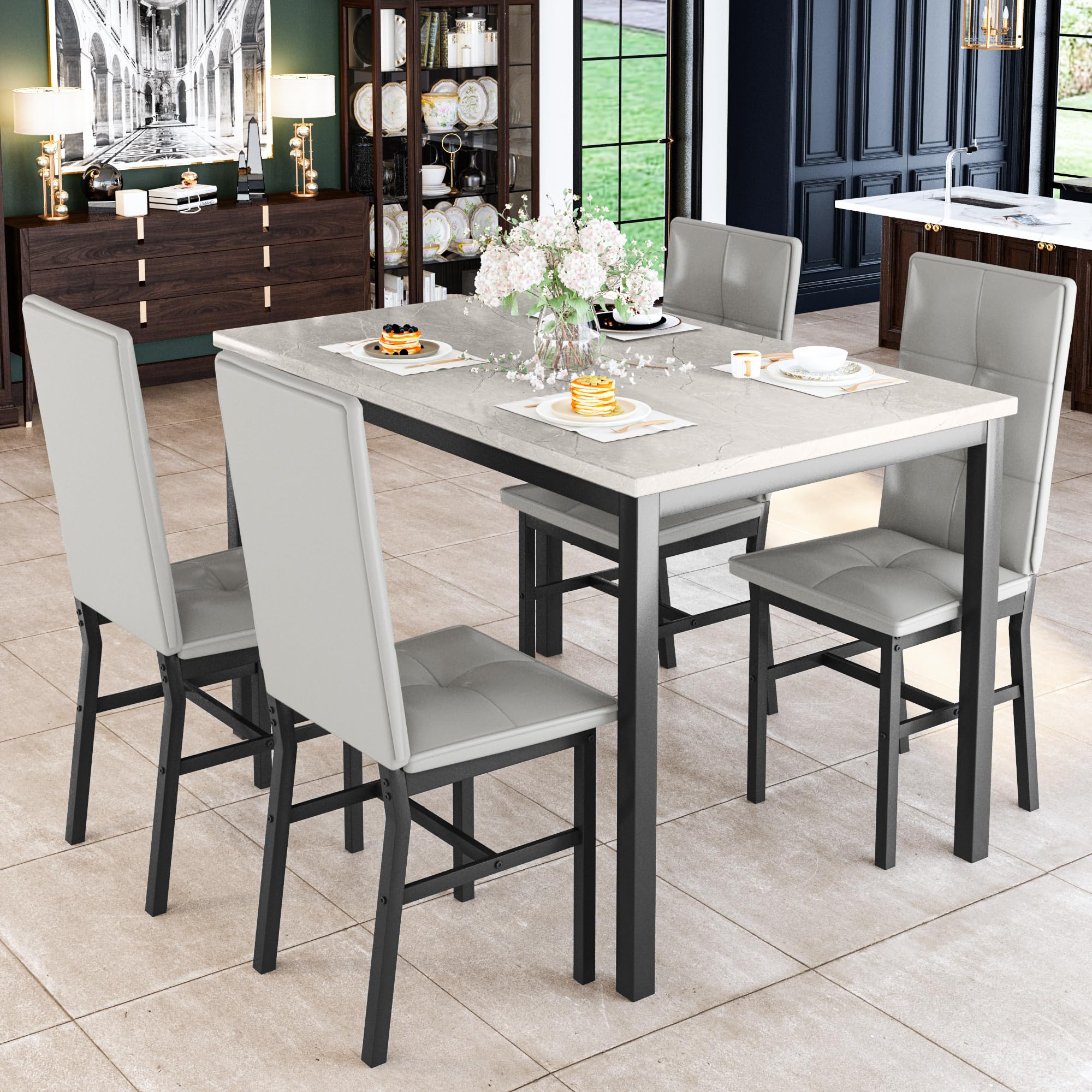 5-Piece Faux Marble Dining Table Set with 4 Chairs