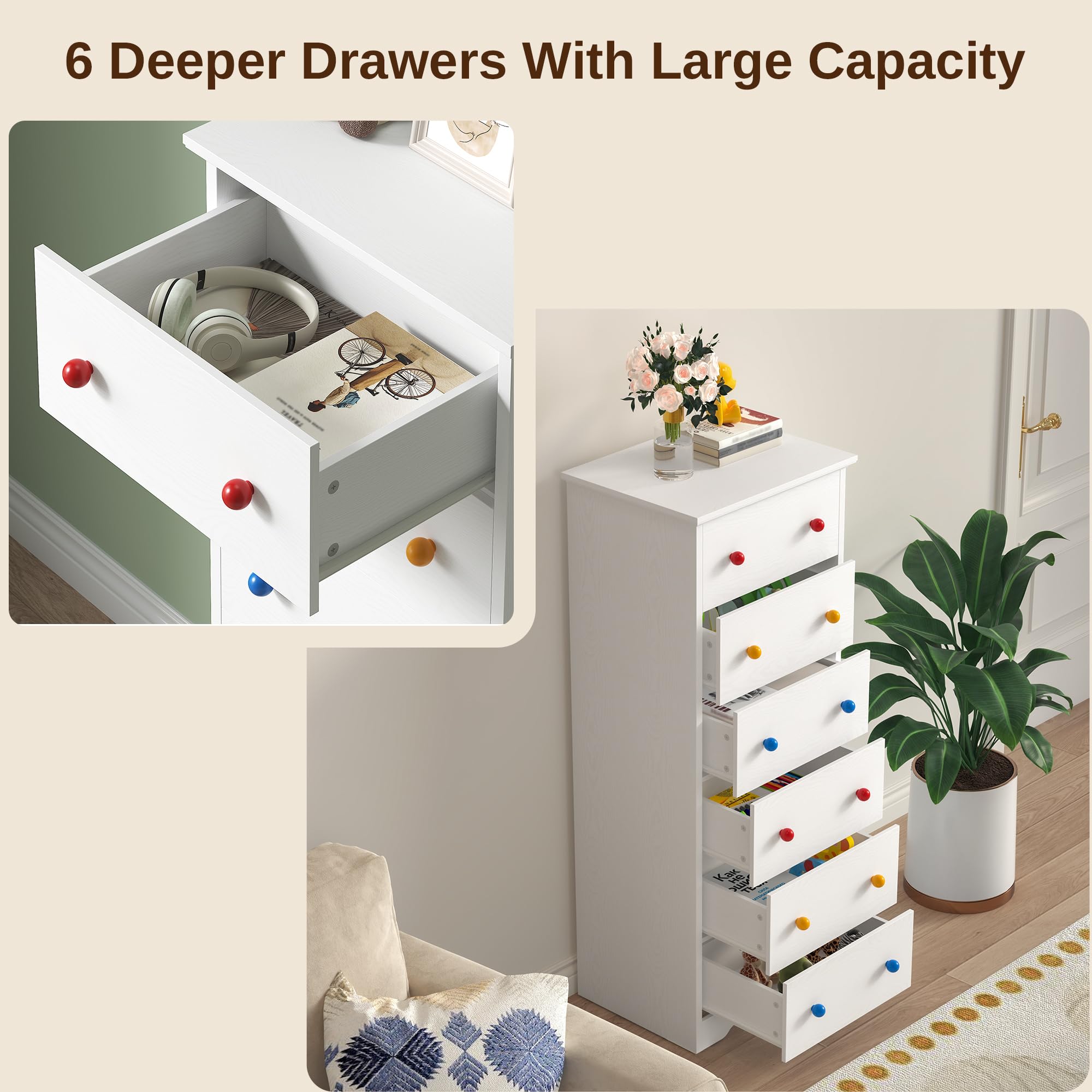 6 Drawer Tall Dresser with Colorful Handles