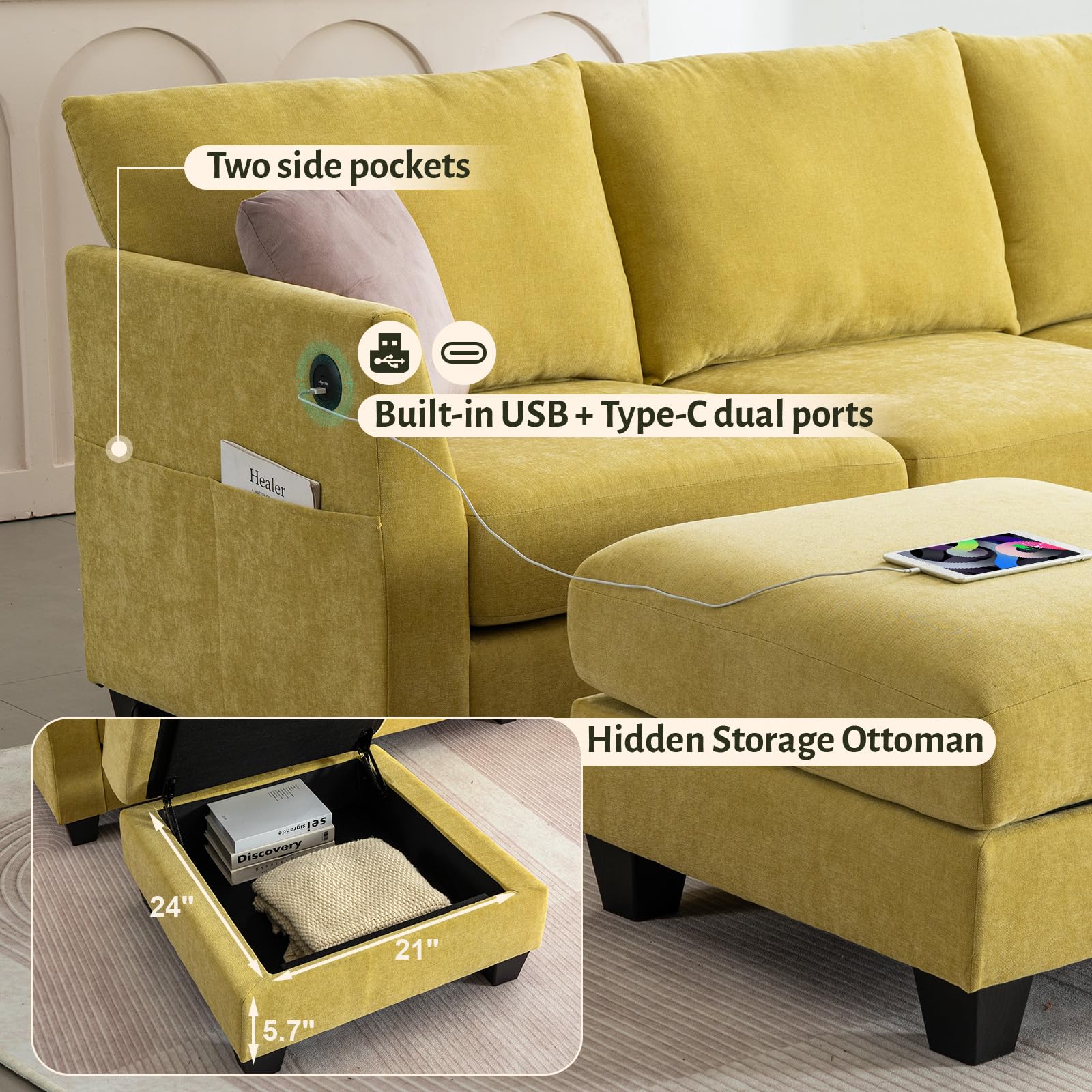 ZX Design 124" Modular Sectional Sofa, U-Shaped 8 Seater Sectional Sofa with Storage Ottoman & USB Ports, Large Cloud Couch Sectional Modern Linen L-Shaped Couch for Living Room(Yellow)