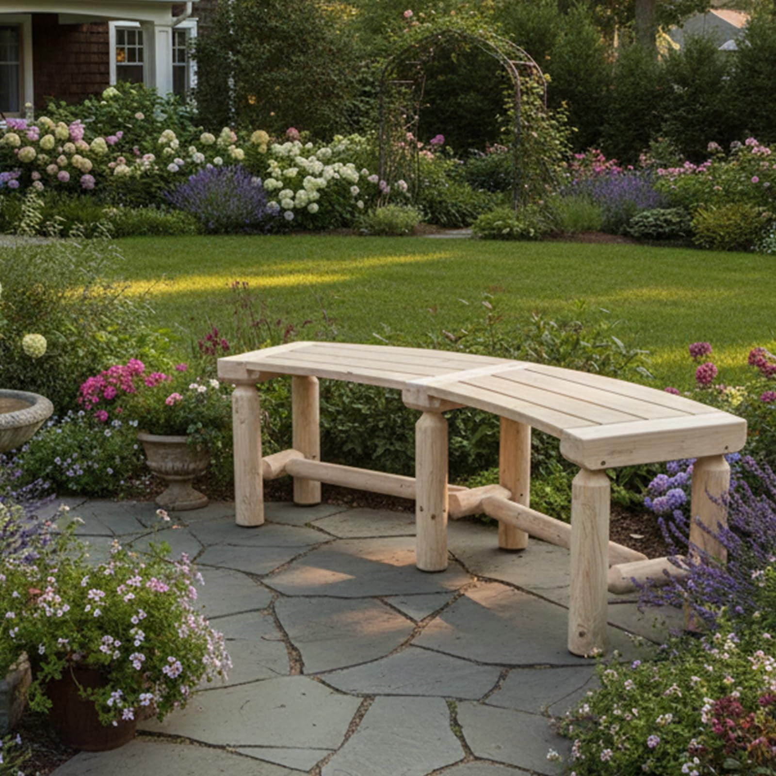 Curved Fire Pit Bench Solid Wood Backless Outdoor Seating