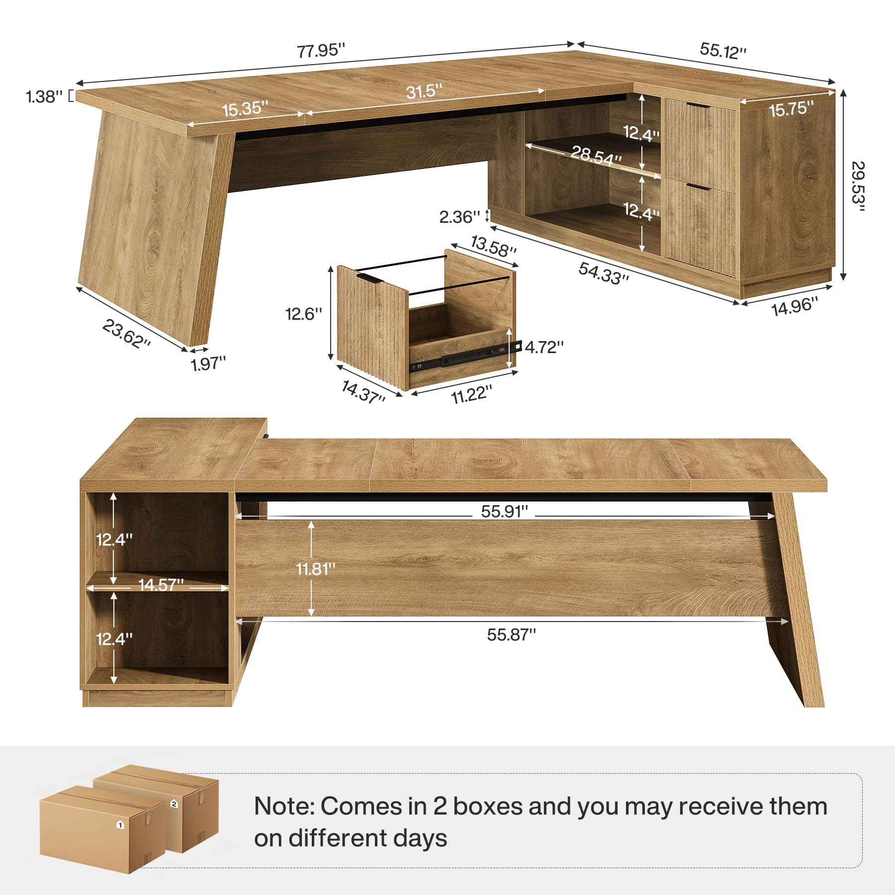 78" L-Shaped Executive Desk with Drawers and File Cabinet