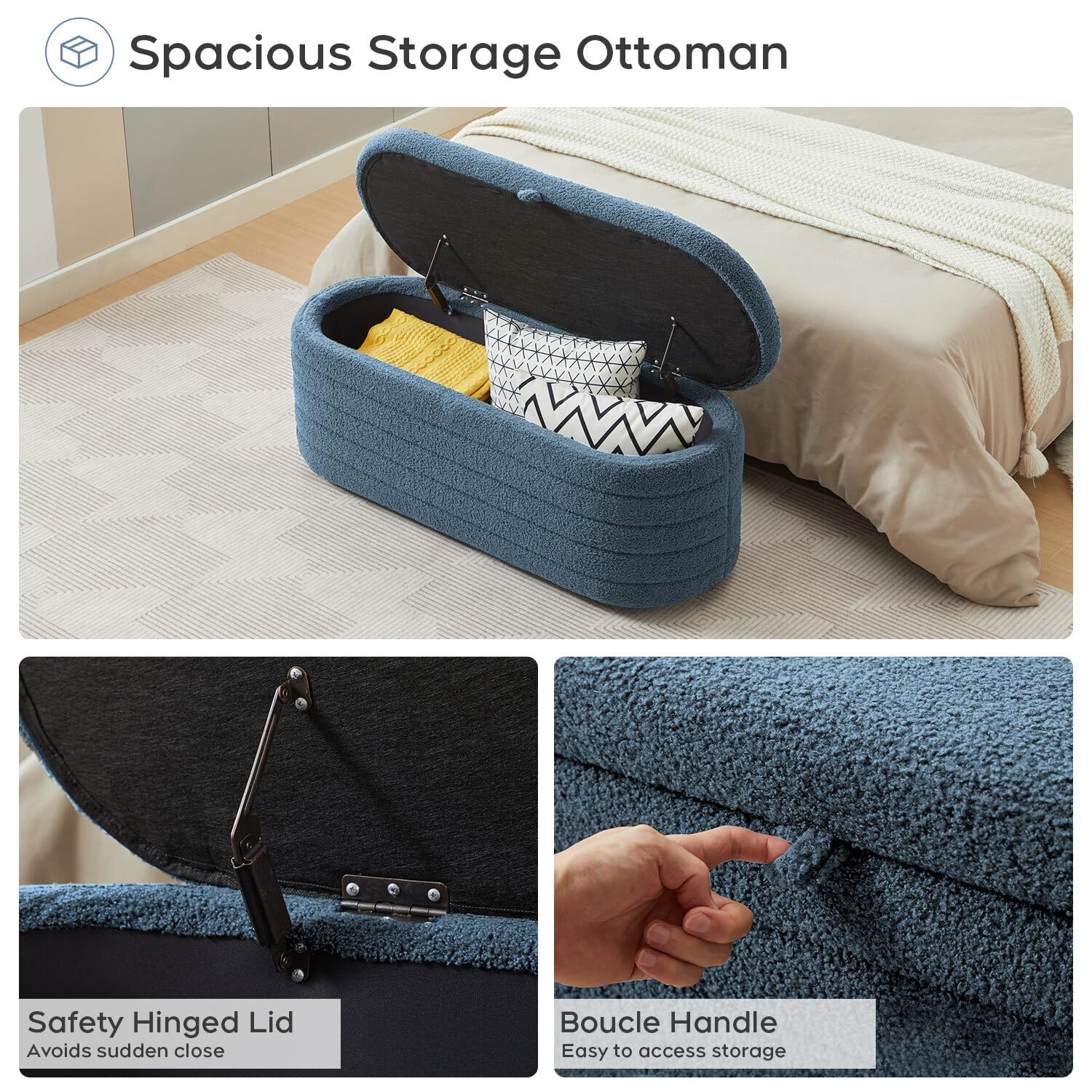 Upholstered Storage Ottoman Bench 45 Inch Blue Boucle