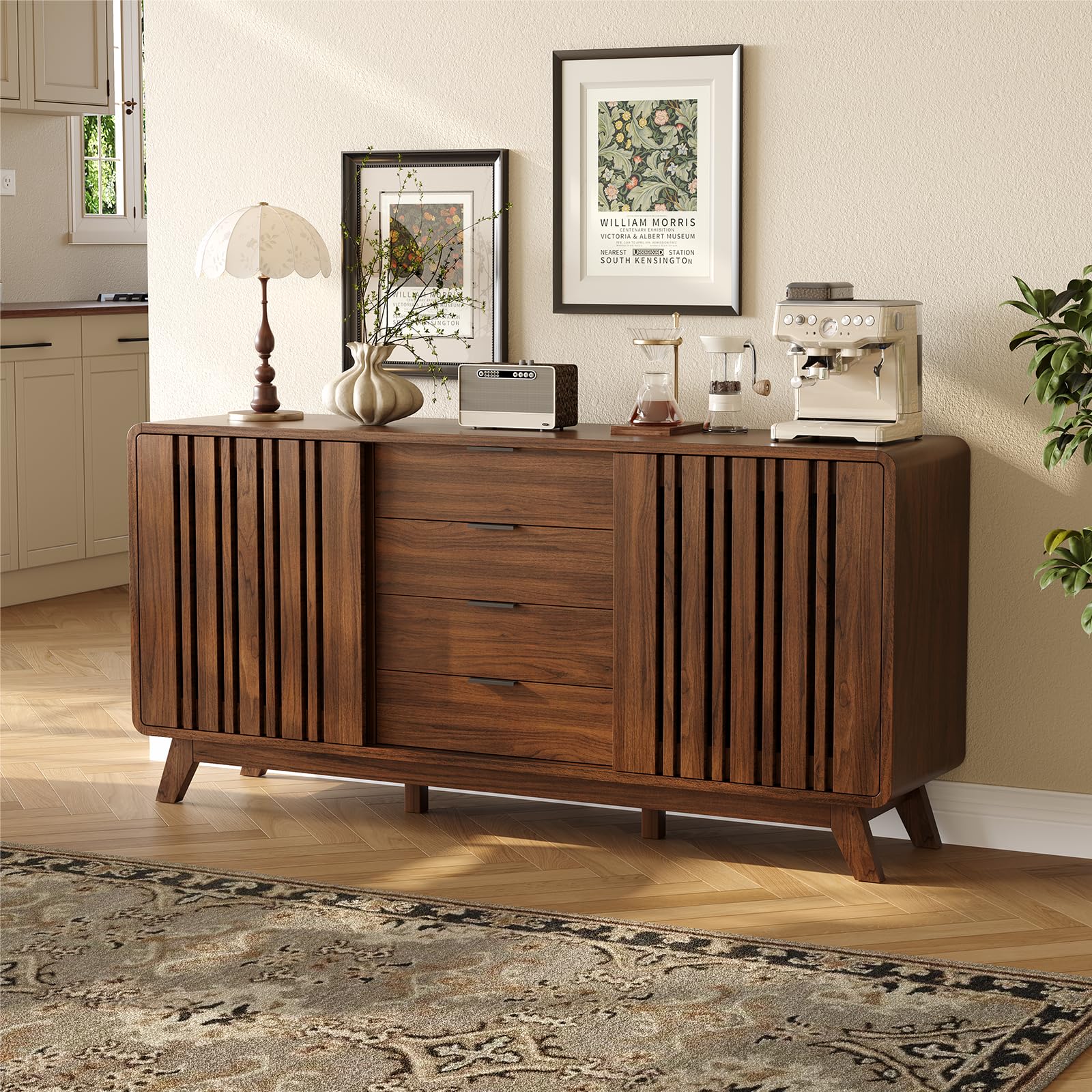 Mid Century Sideboard Buffet Cabinet with Sliding Doors