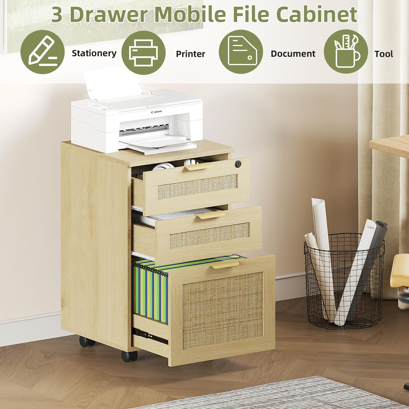 3 Drawer File Cabinet with Lock and Wheels