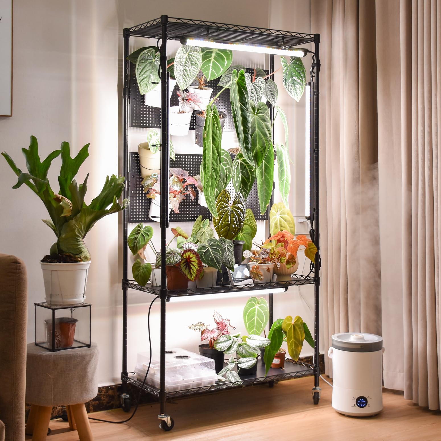 3-Tier Plant Shelf with Grow Lights and Pegboard