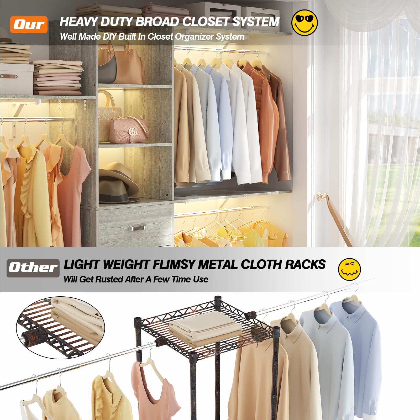 96 Inch Walk-In Closet Organizer System with 3 Shelving Towers and Drawers