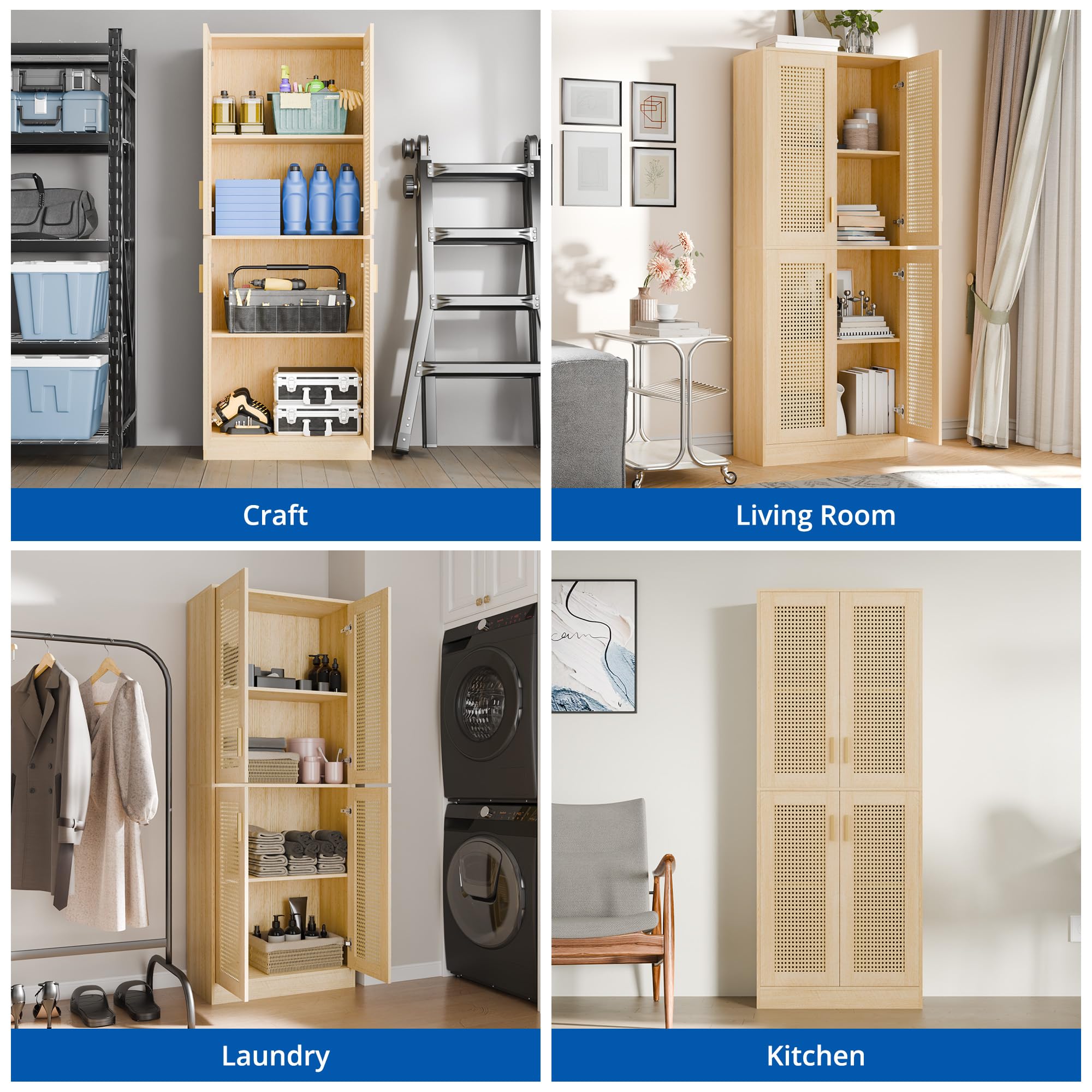 Tall Rattan Storage Cabinet with Adjustable Shelves