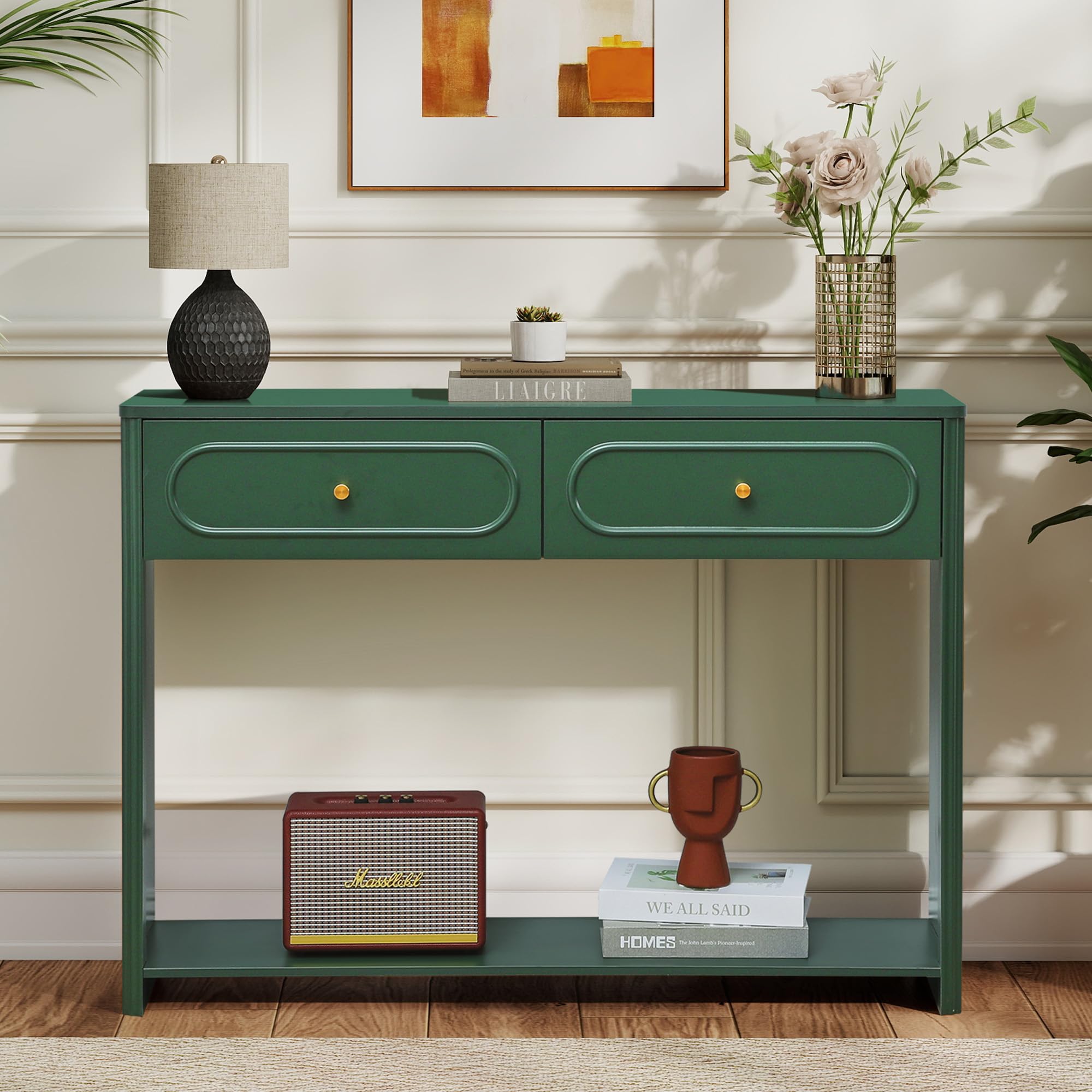 Fluted Console Table with Drawers and Storage Shelves