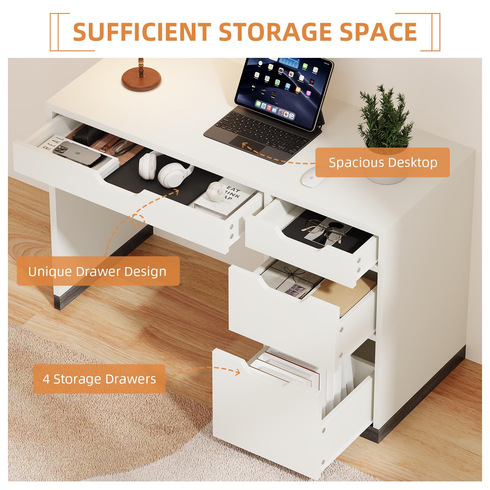 48 Inch White Desk with 4 Drawers