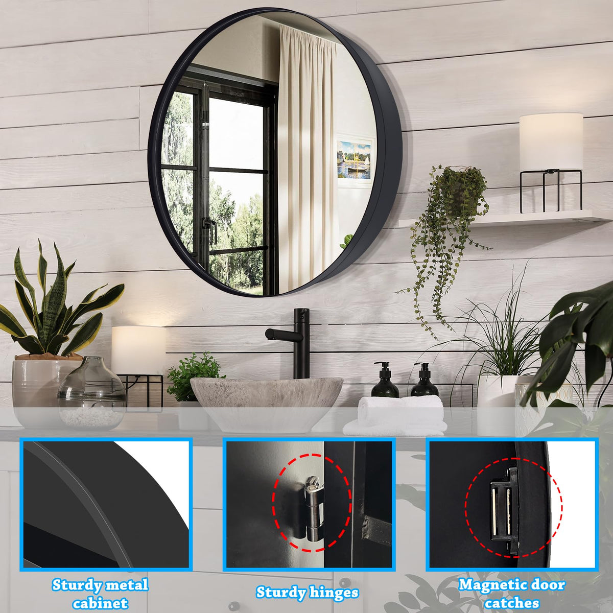 24 Inch Round Medicine Cabinet with Mirror - Black Metal Frame