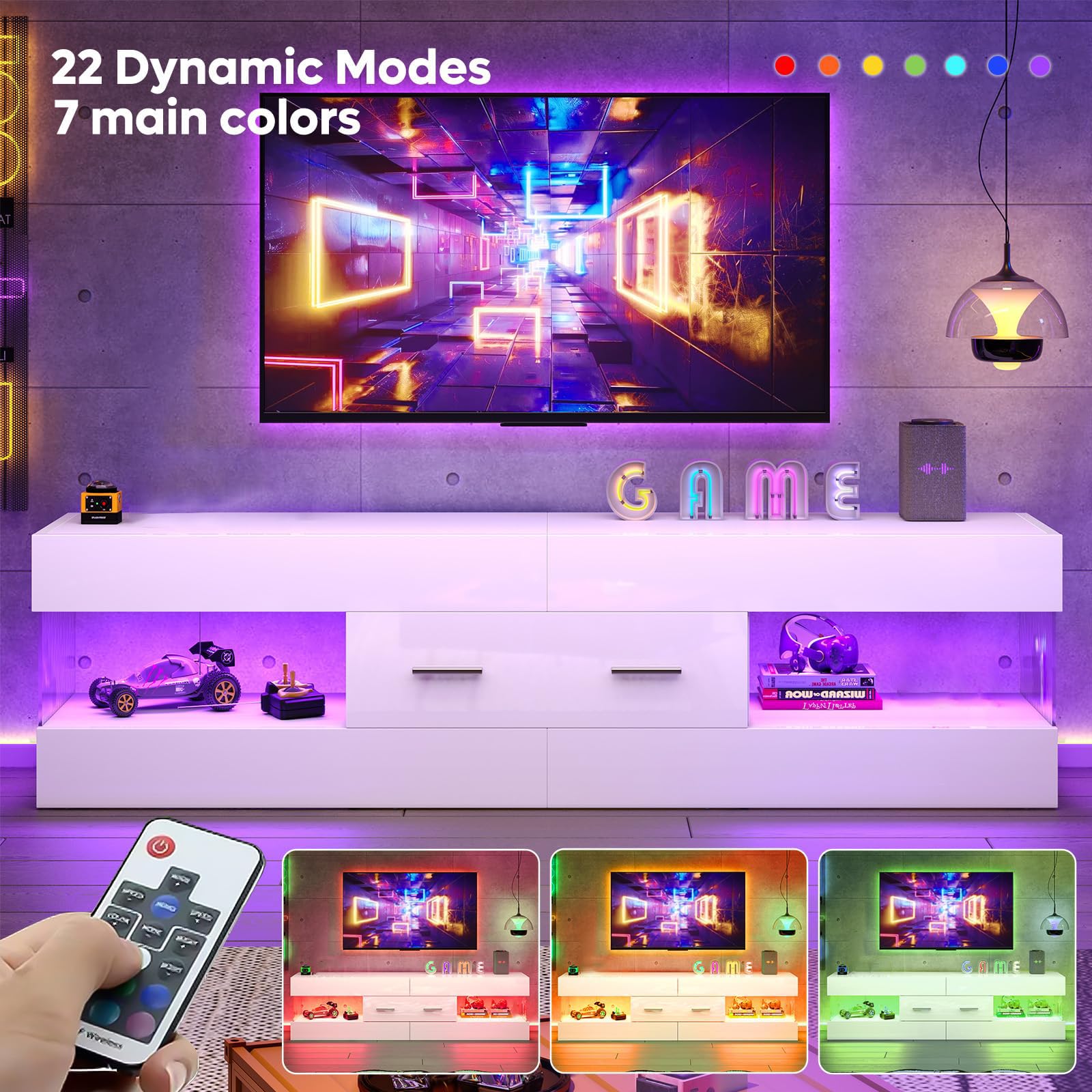 High Gloss TV Stand with LED and Stone-Patterned Panels