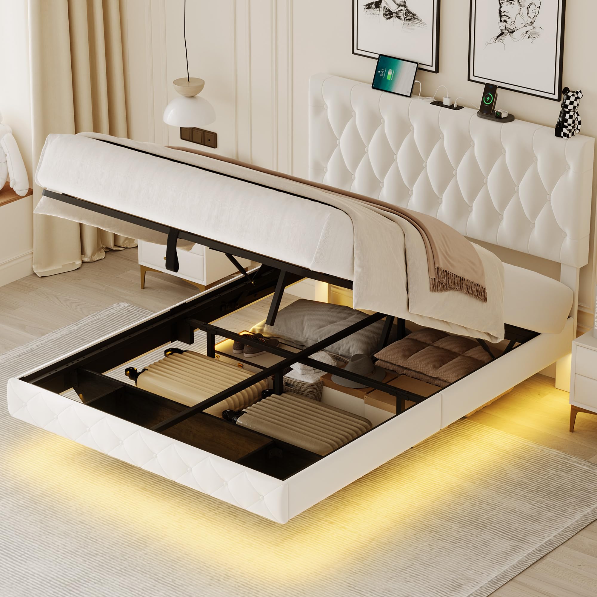 Queen Size Hydraulic Lift Storage Bed with LED Lights