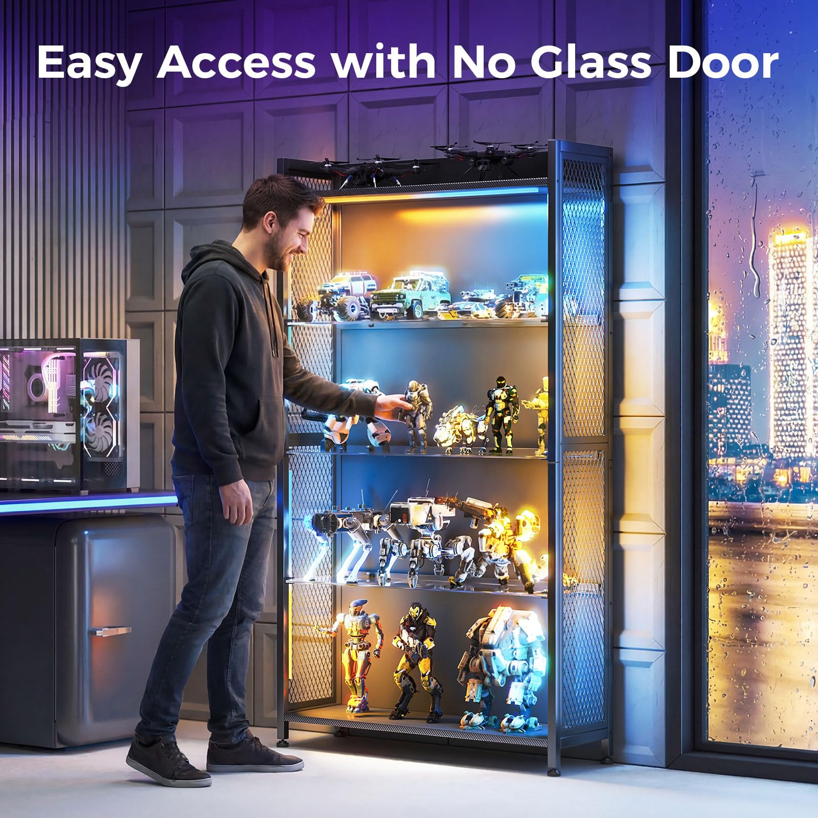4-Tier Display Cabinet with LED Lights and Glass Shelves