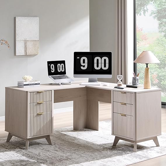 L-Shaped Executive Desk with Charging Station - 60 Inch Natural Oak