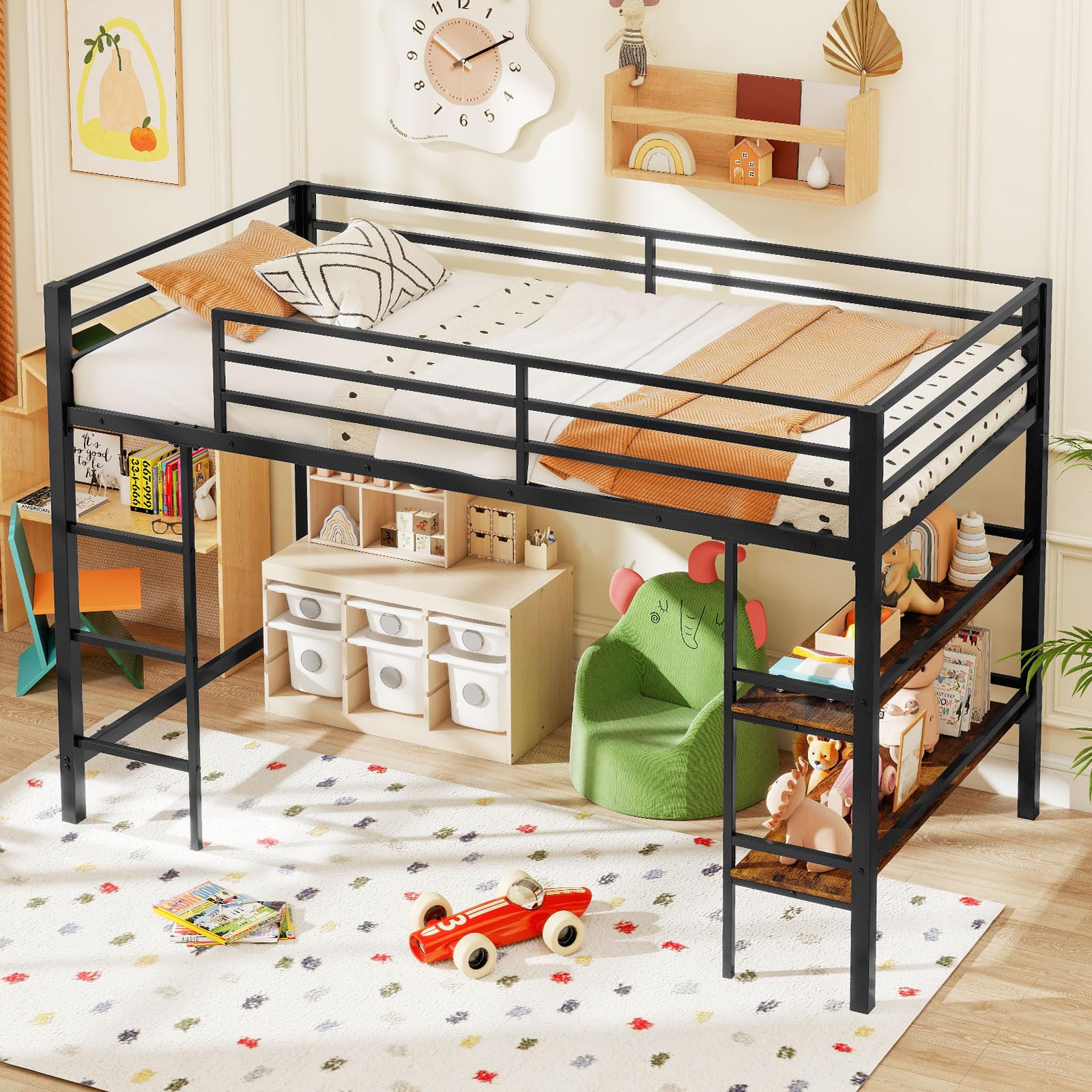 Low Loft Bed Twin Size with Storage Shelves and Ladder