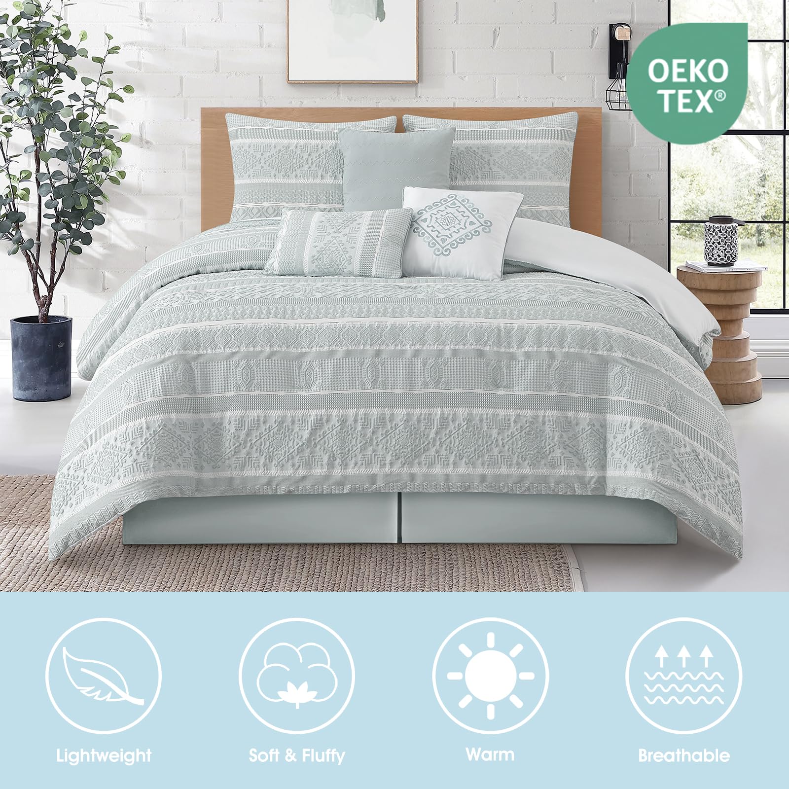 7 Piece Queen Comforter Set Dusty Green Jacquard Patchwork