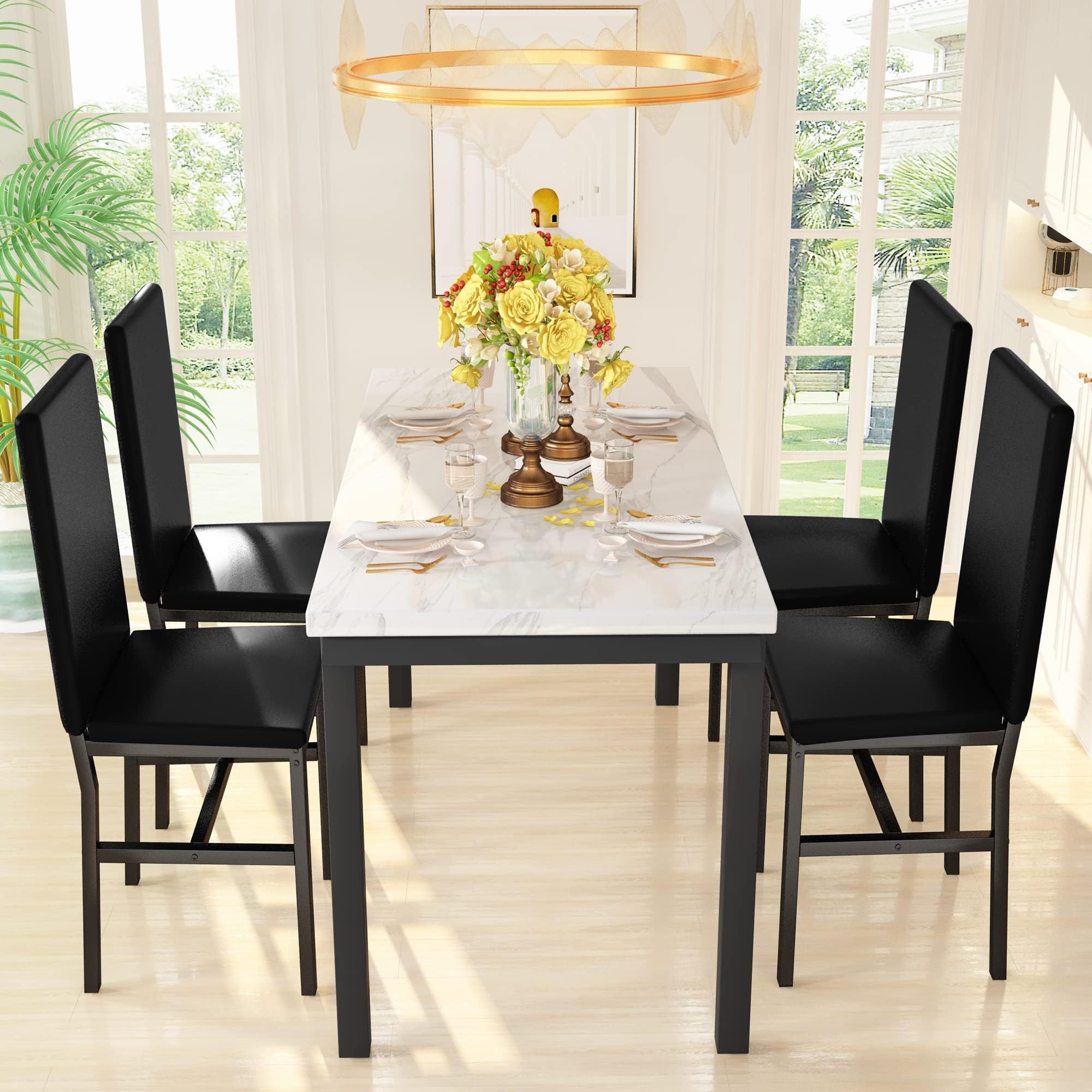5-Piece Faux Marble Dining Table Set with 4 Chairs