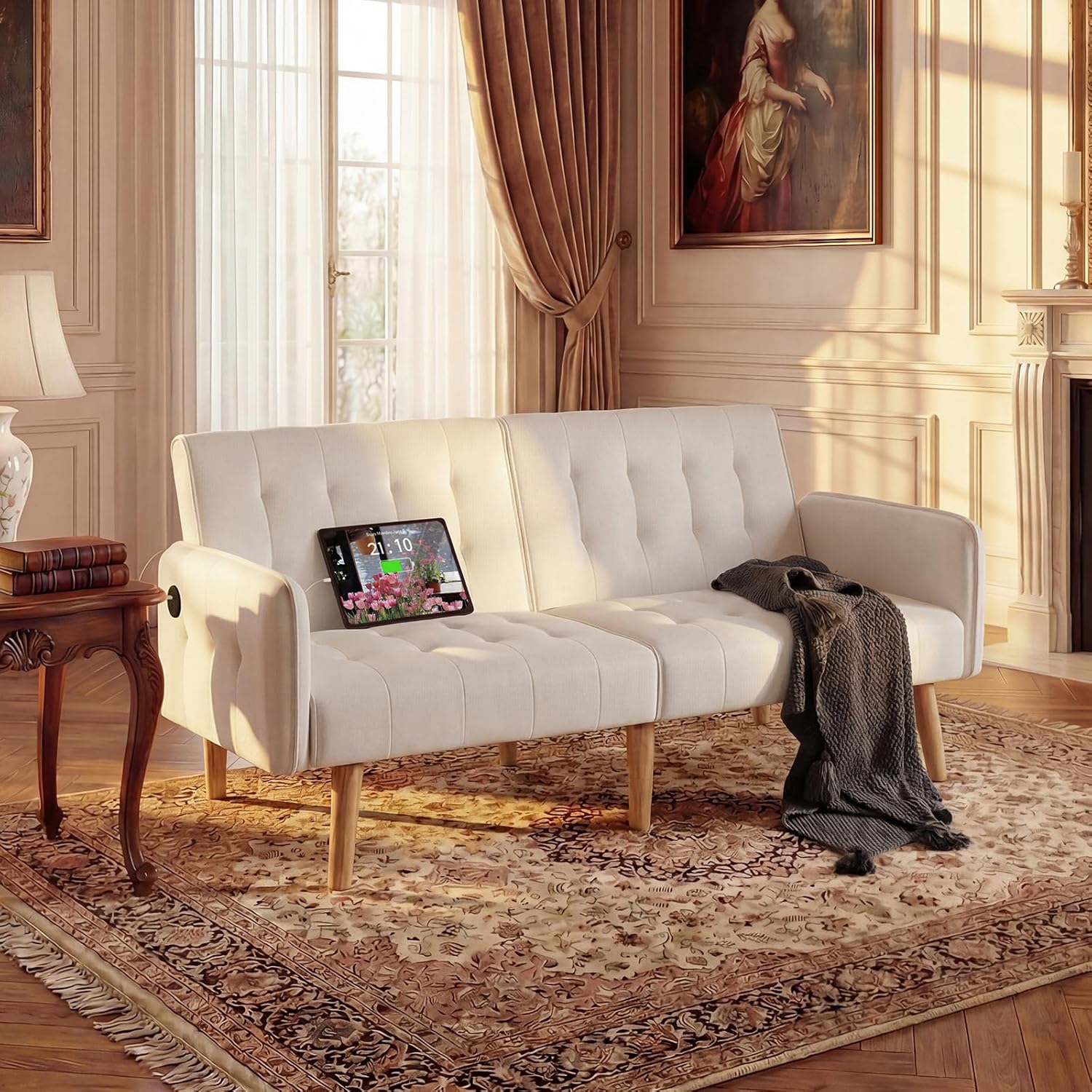 Pink Velvet Convertible Sofa Bed with USB Ports