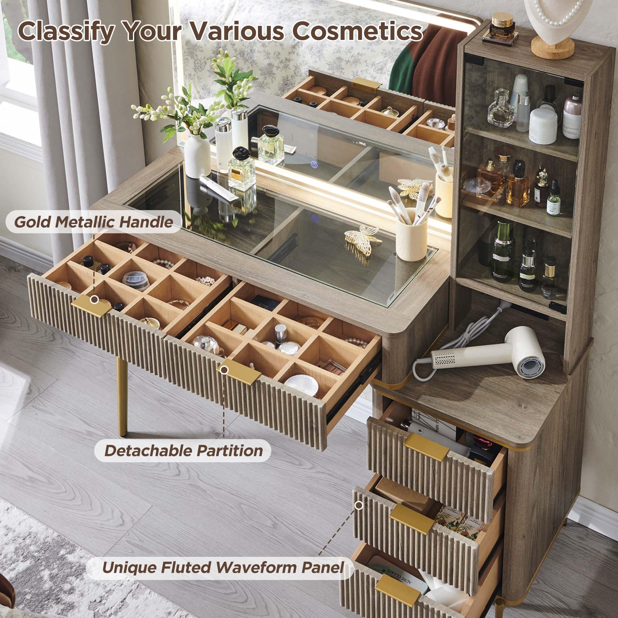 Fluted Makeup Vanity Desk with 36" HD Lighted Mirror