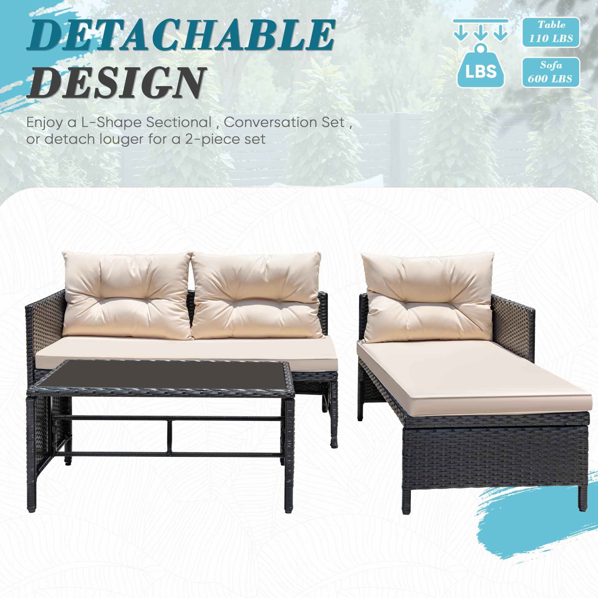 3 Piece Patio Furniture Set Outdoor Wicker Rattan Sectional Sofa with Cushions & Coffee Table