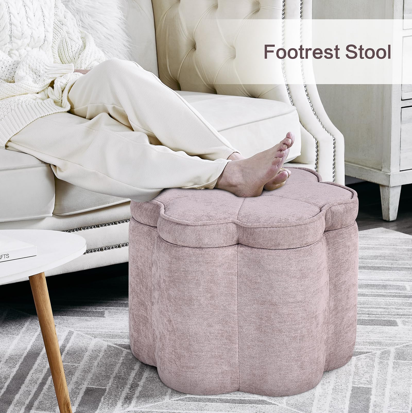 Pink Flower Storage Ottoman with Chenille Fabric