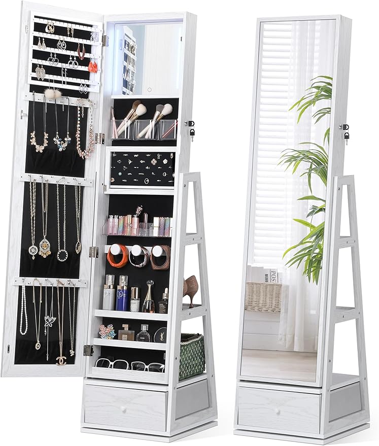 360° Swivel Jewelry Cabinet with Lights and Touch Screen Mirror