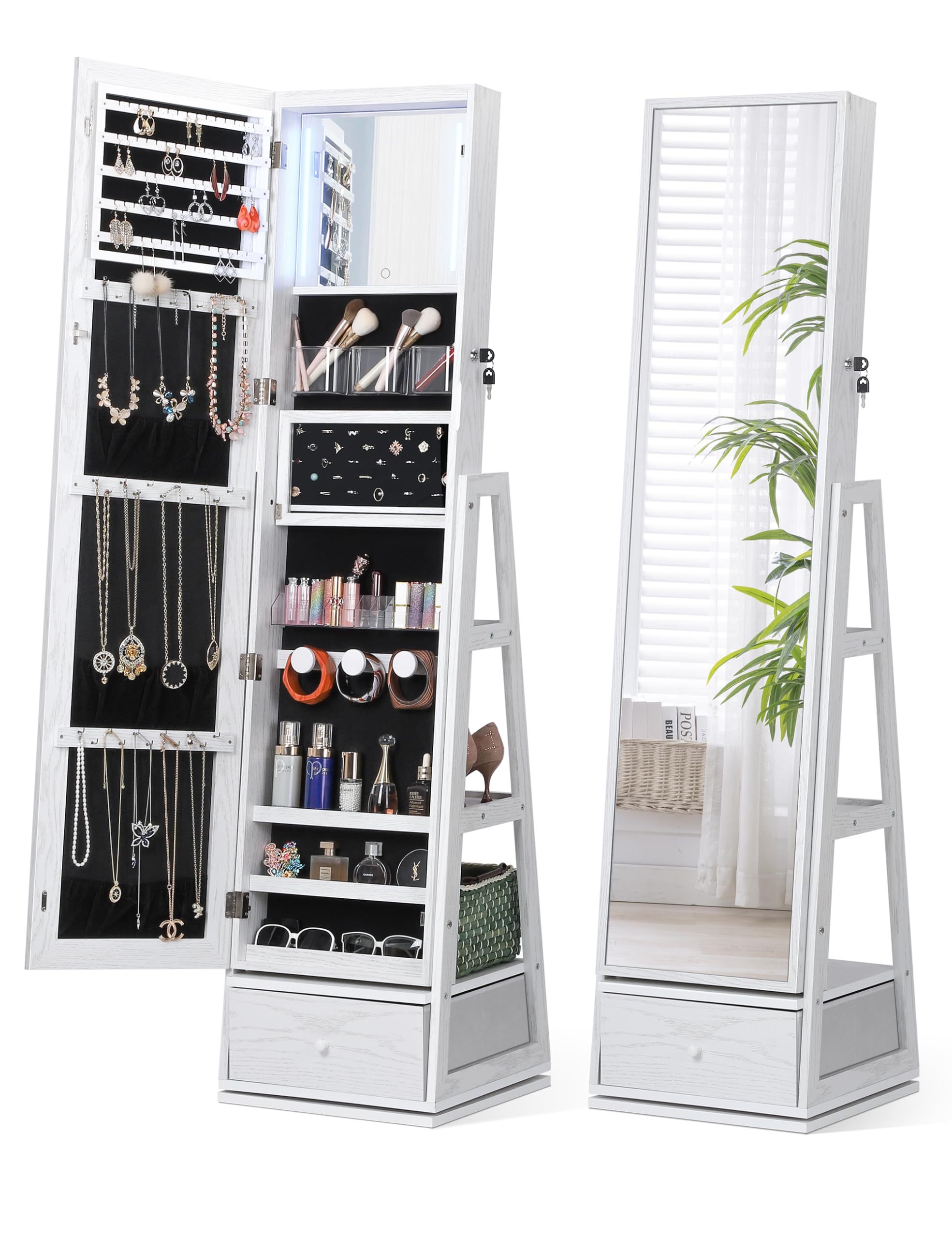 360° Swivel Jewelry Cabinet with Lights and Touch Screen Mirror