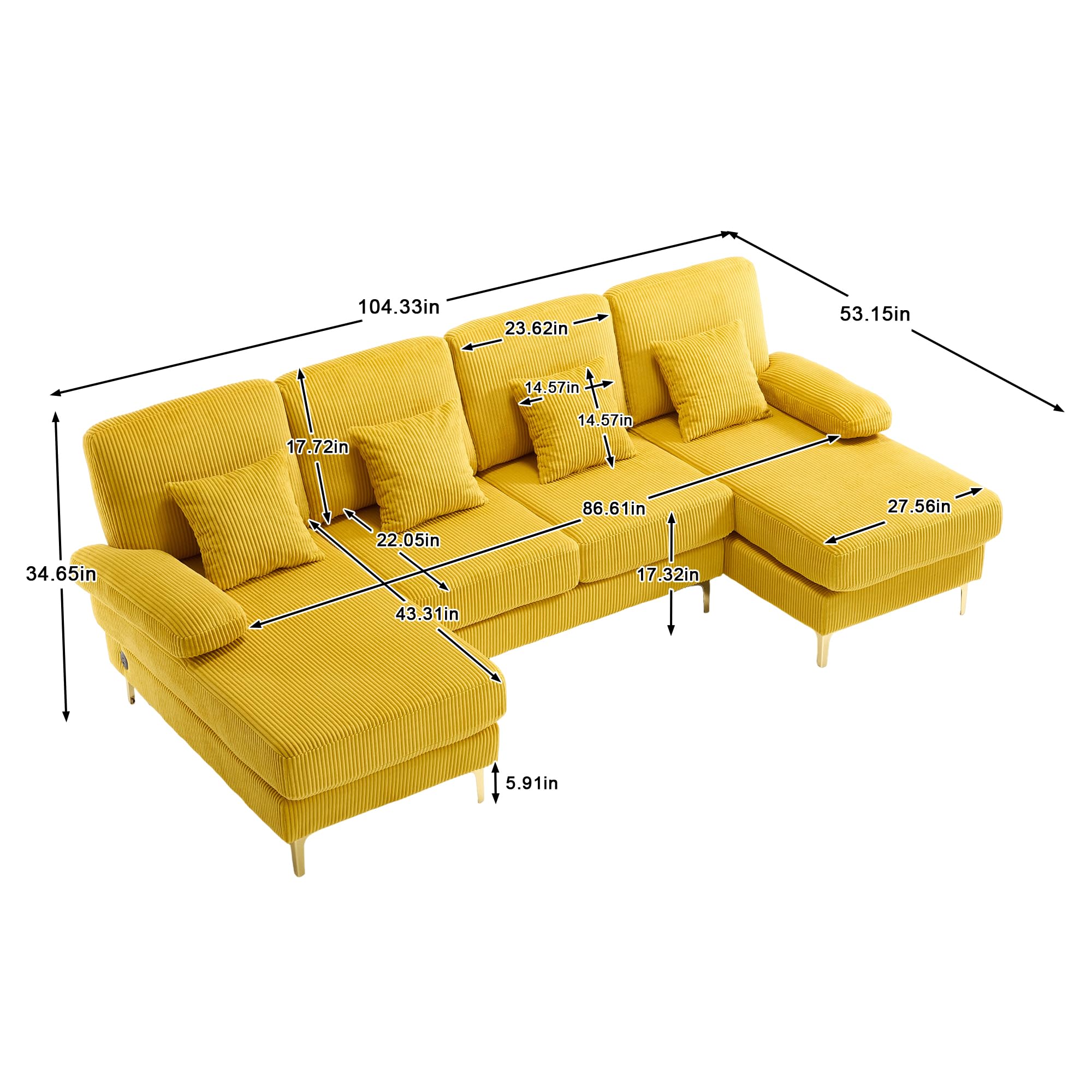 U-Shaped Sectional Sofa with Double Chaise and USB Ports