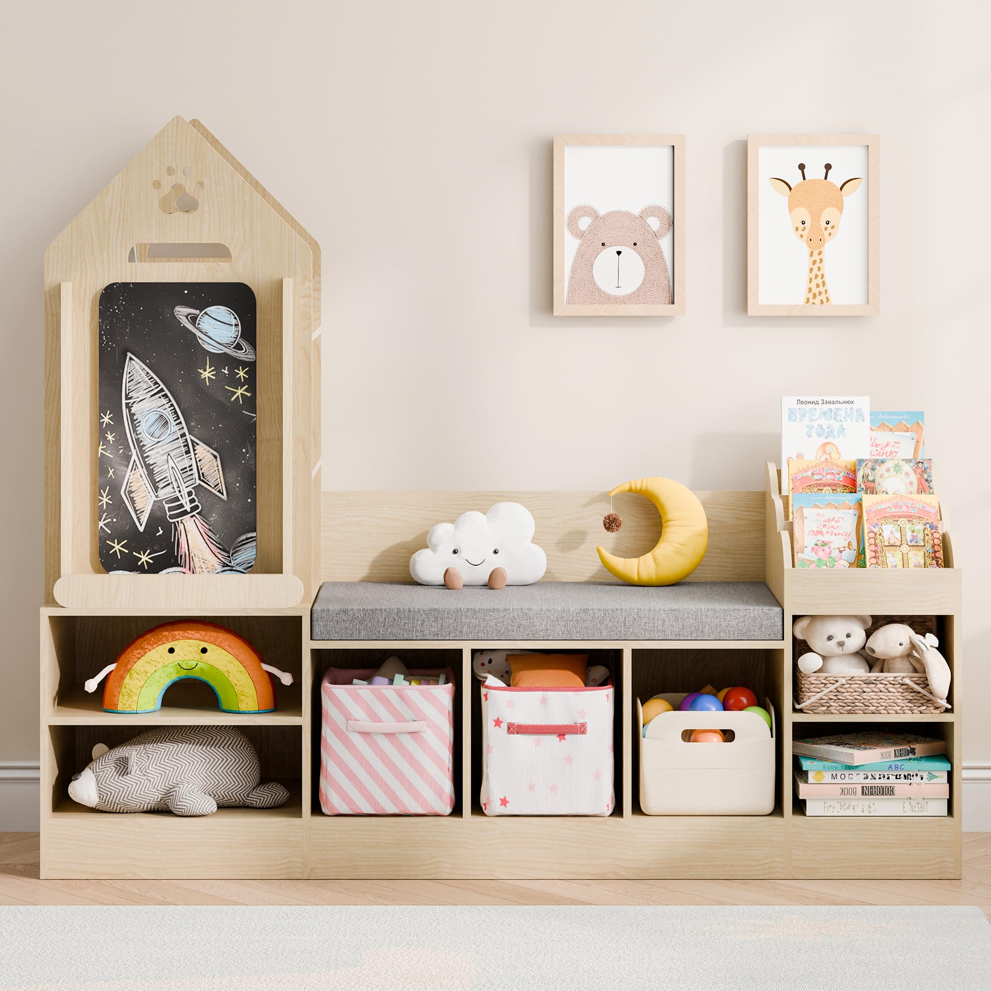 Kids Bookshelf with Reading Nook and Chalkboard