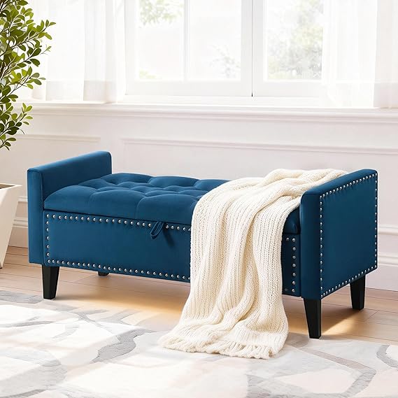 Velvet Storage Ottoman Bench with Arms