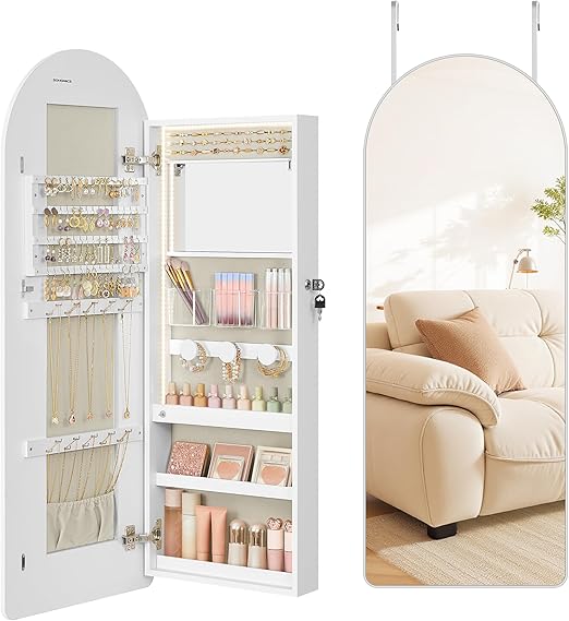 Wide LED Jewelry Cabinet with Arched Mirror