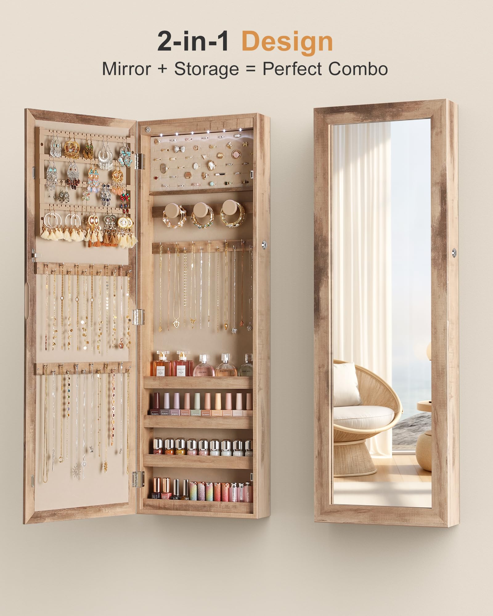 6 LED Mirror Jewelry Cabinet with Lock