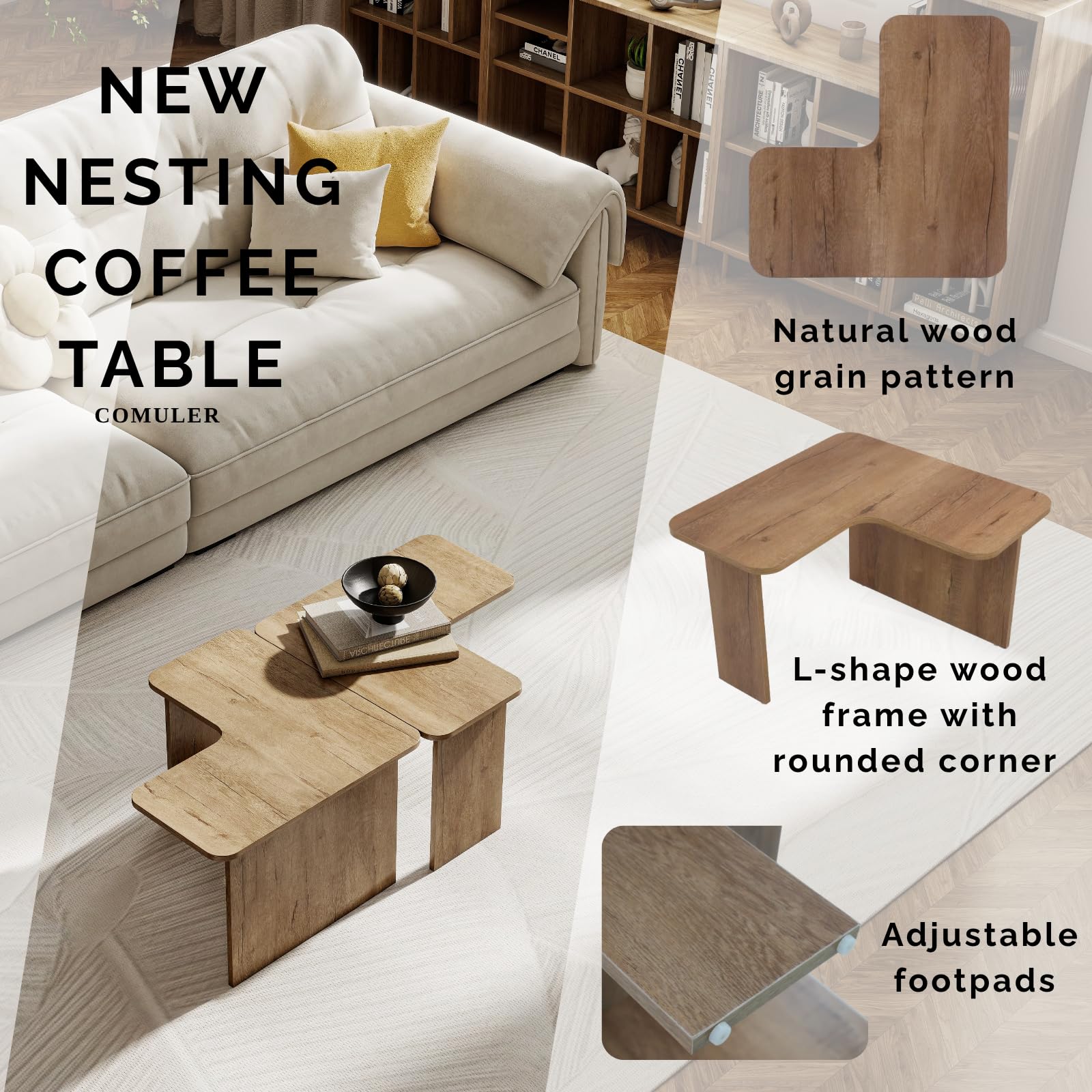 Modern Nesting Coffee Table Set of 2, Natural Wooden L-Shape Square Coffee Table for Living Room,Small Center Table End Table Sets Light Tabel with Rustic Wood Grain for Bedroom Office Cafe