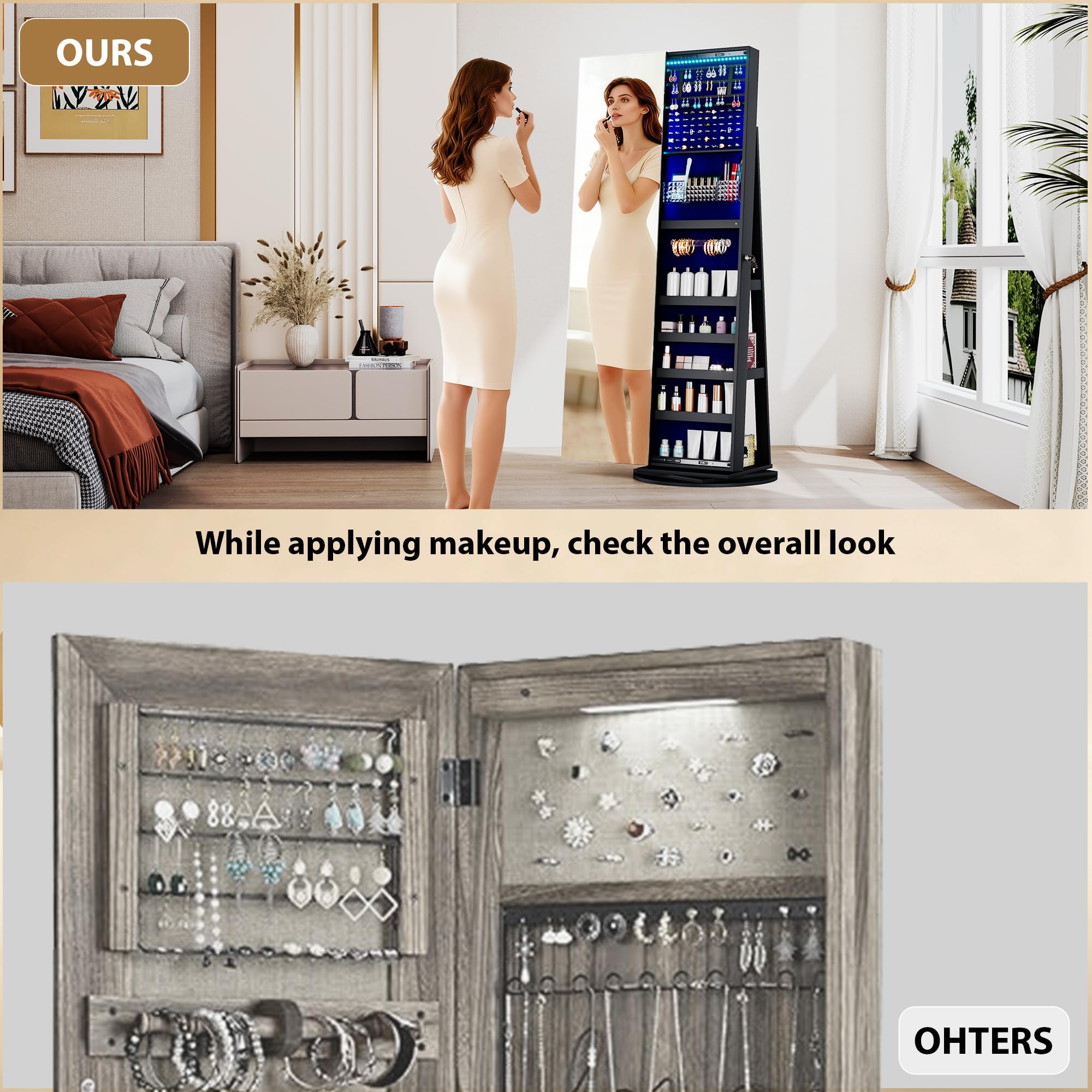 360° Rotating Jewelry Mirror Cabinet with LED Lights