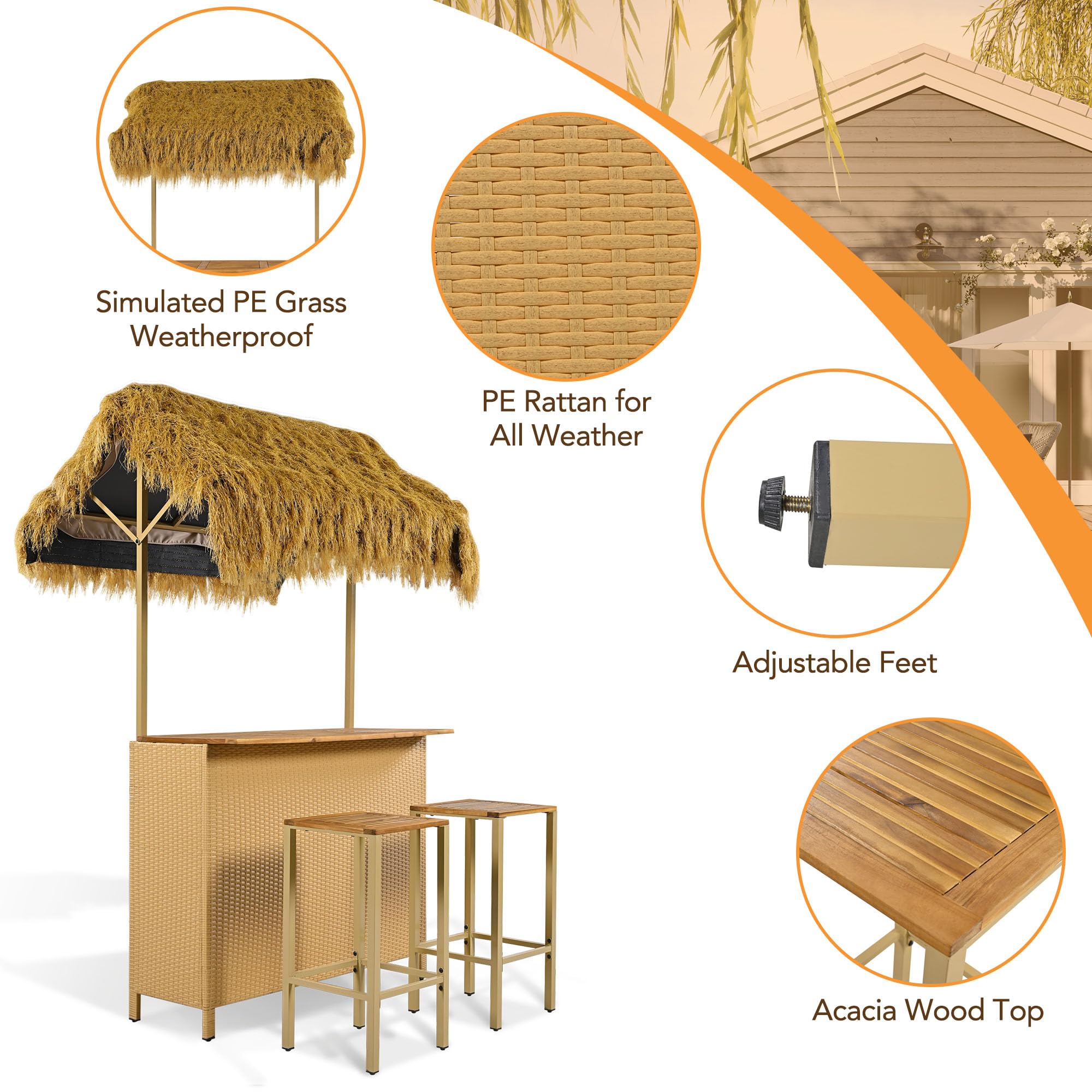 Hawaiian Style Outdoor Bar Set with 2 Stools