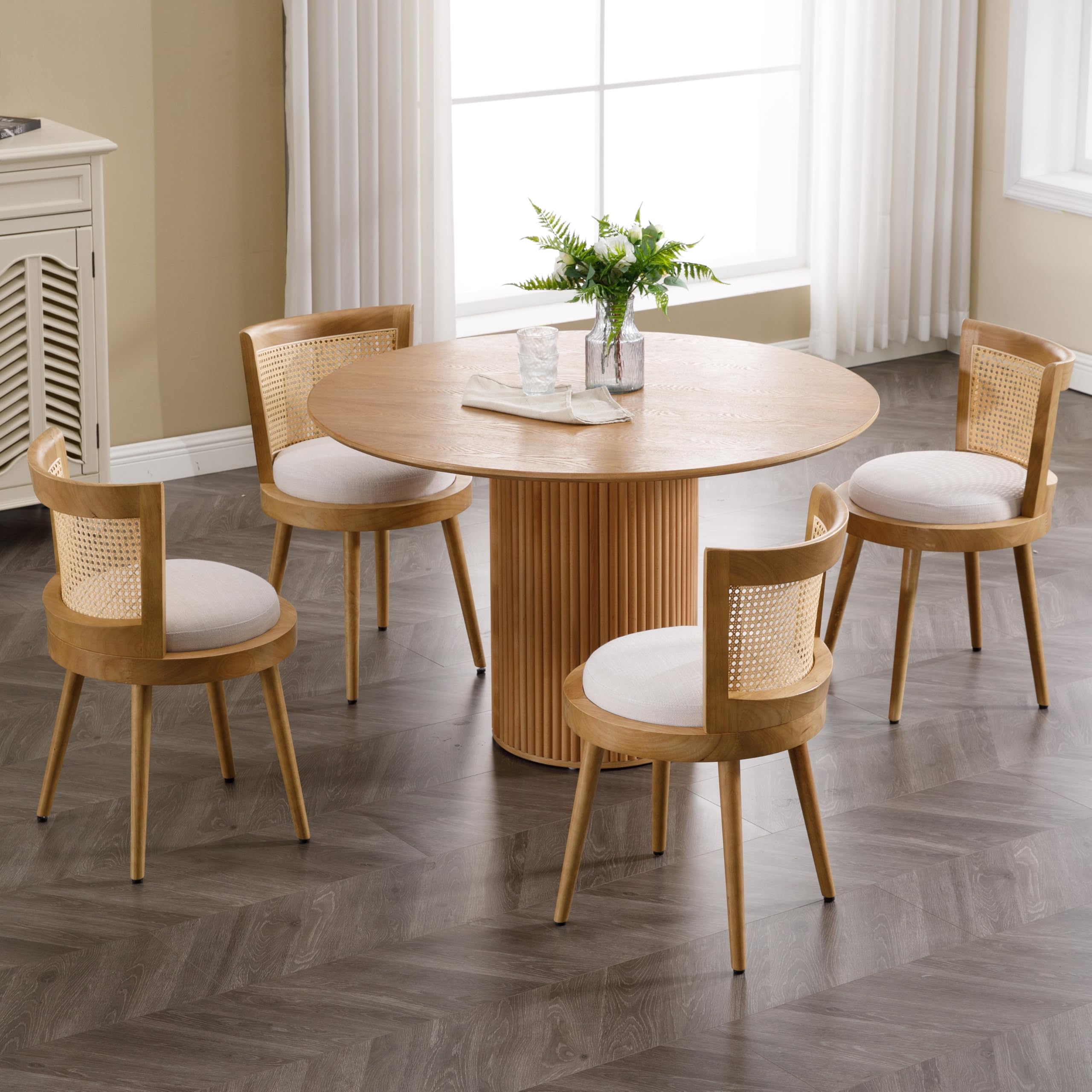 Rattan Dining Chairs Set of 4 with Beige Linen Upholstery