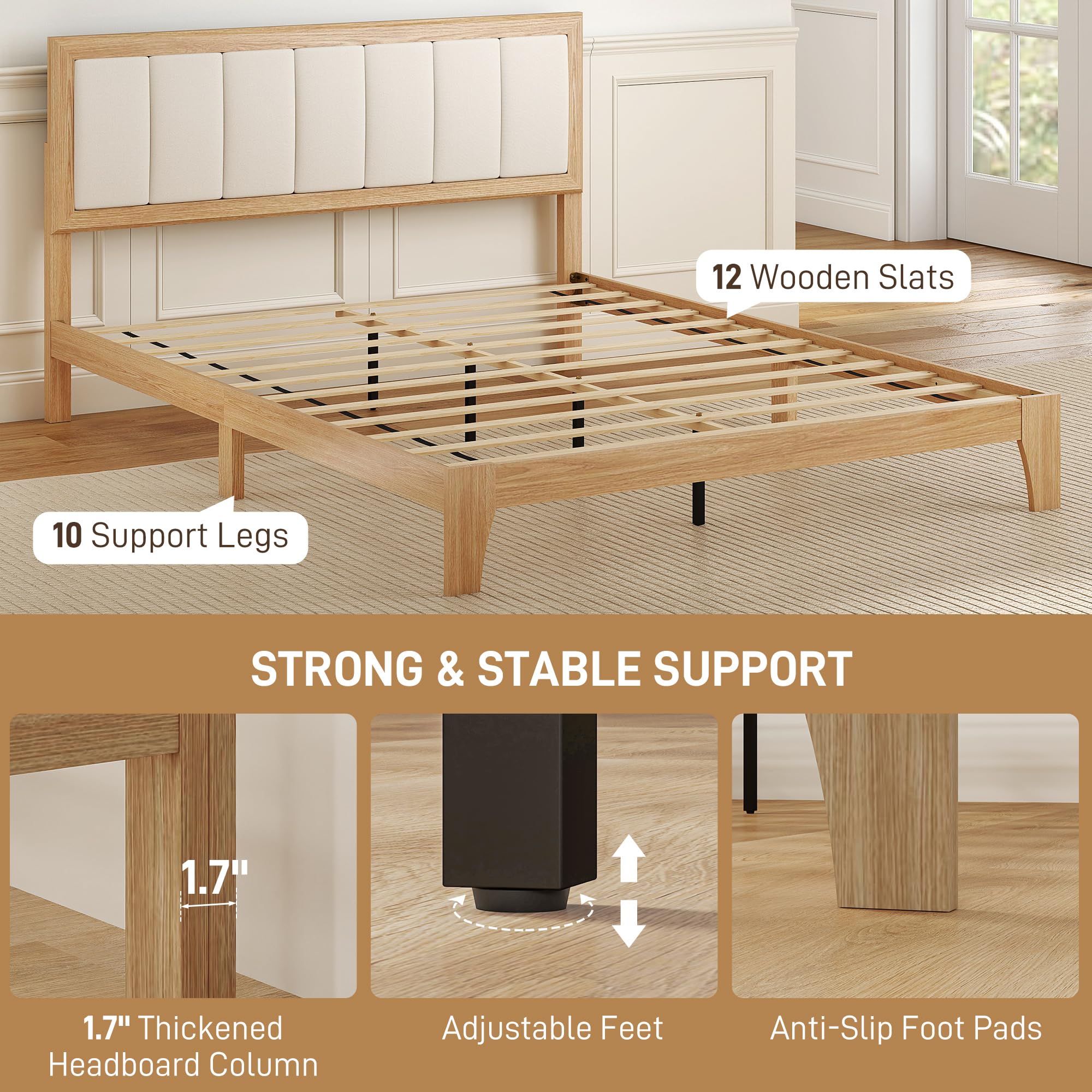 Queen Size Platform Bed Frame with Upholstered Headboard