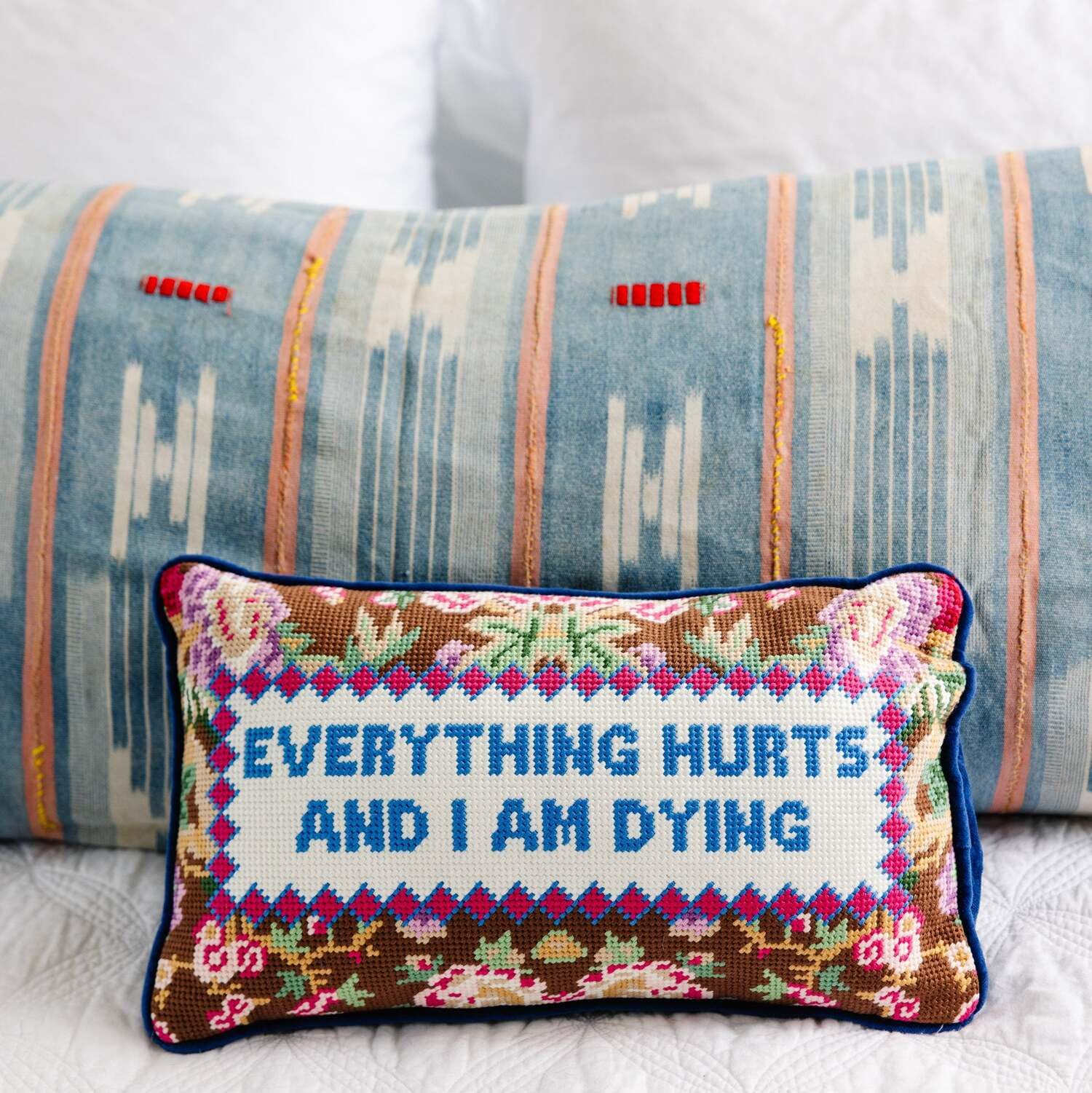 Needlepoint Decorative Throw Pillow - Everything Hurts - 9x15