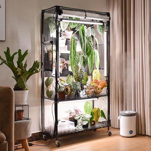 3-Tier Plant Shelf with Grow Lights and Pegboard