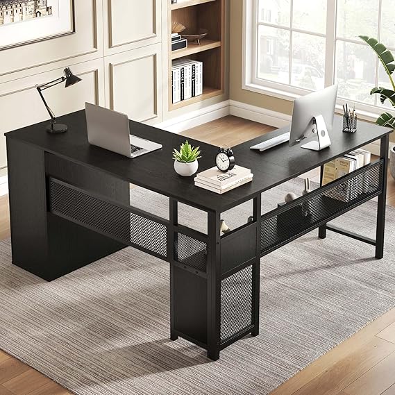 Black L Shaped Desk with Drawers and Storage Shelf