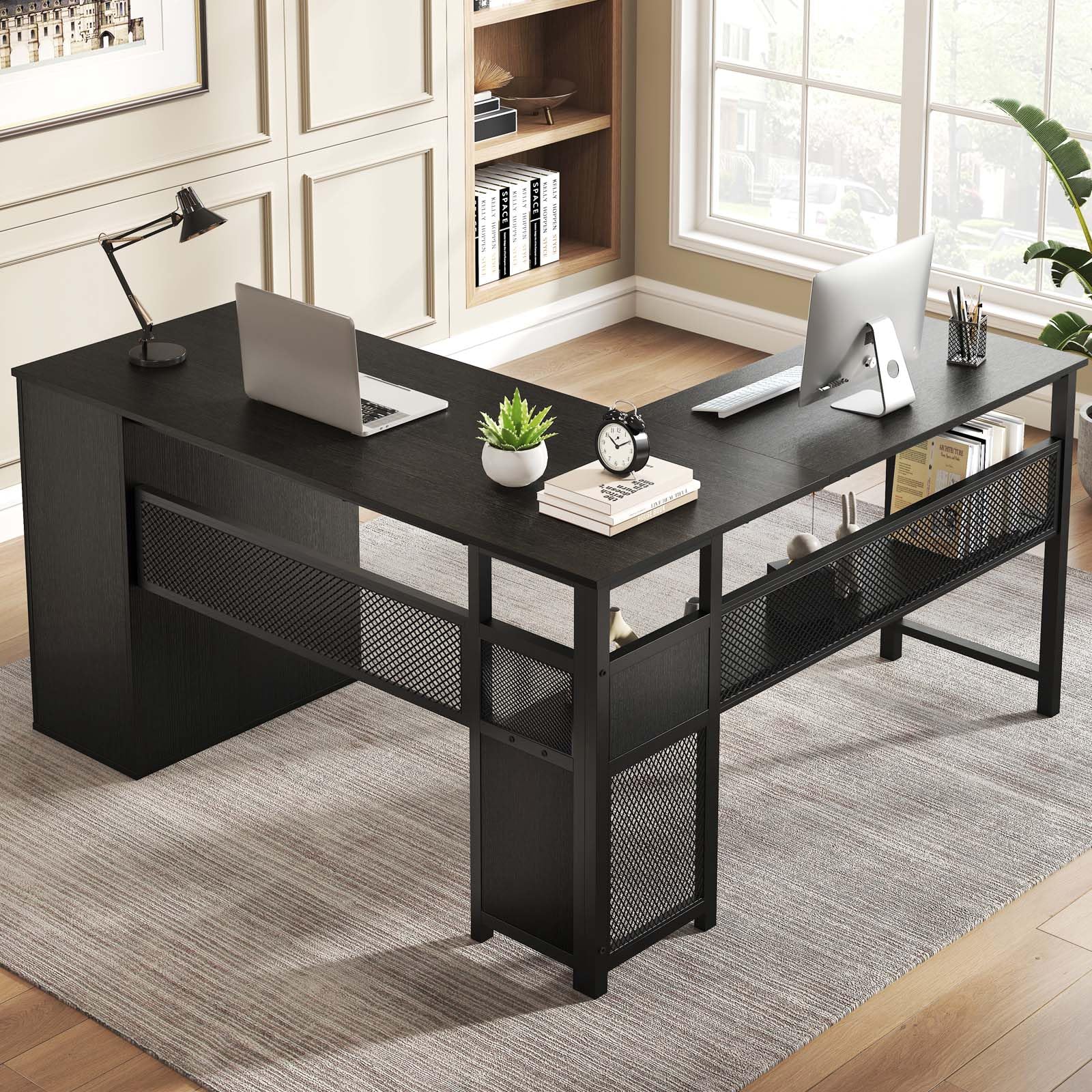 Black L Shaped Desk with Drawers and Storage Shelf