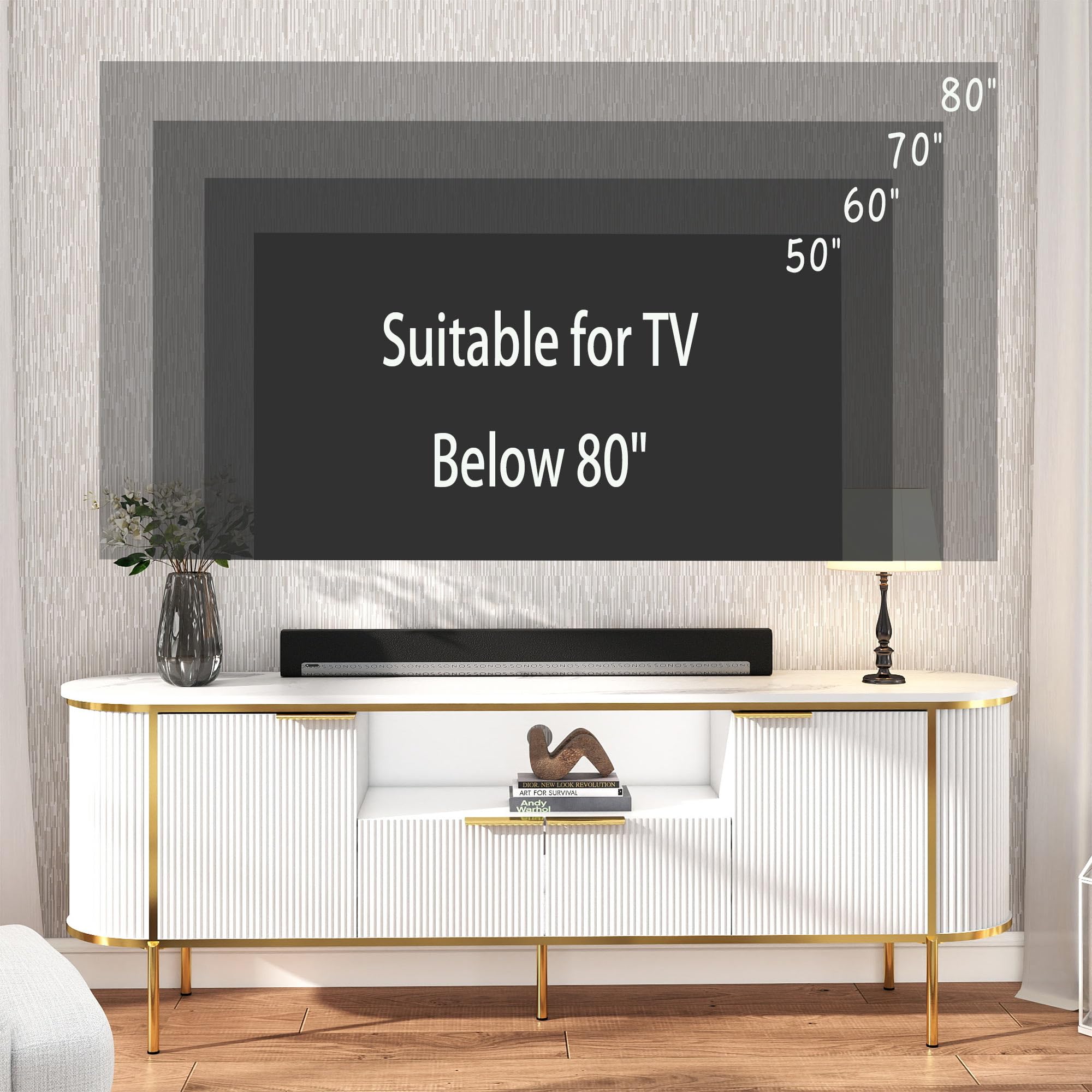 70" White Fluted TV Stand with Storage for TVs Up to 80"