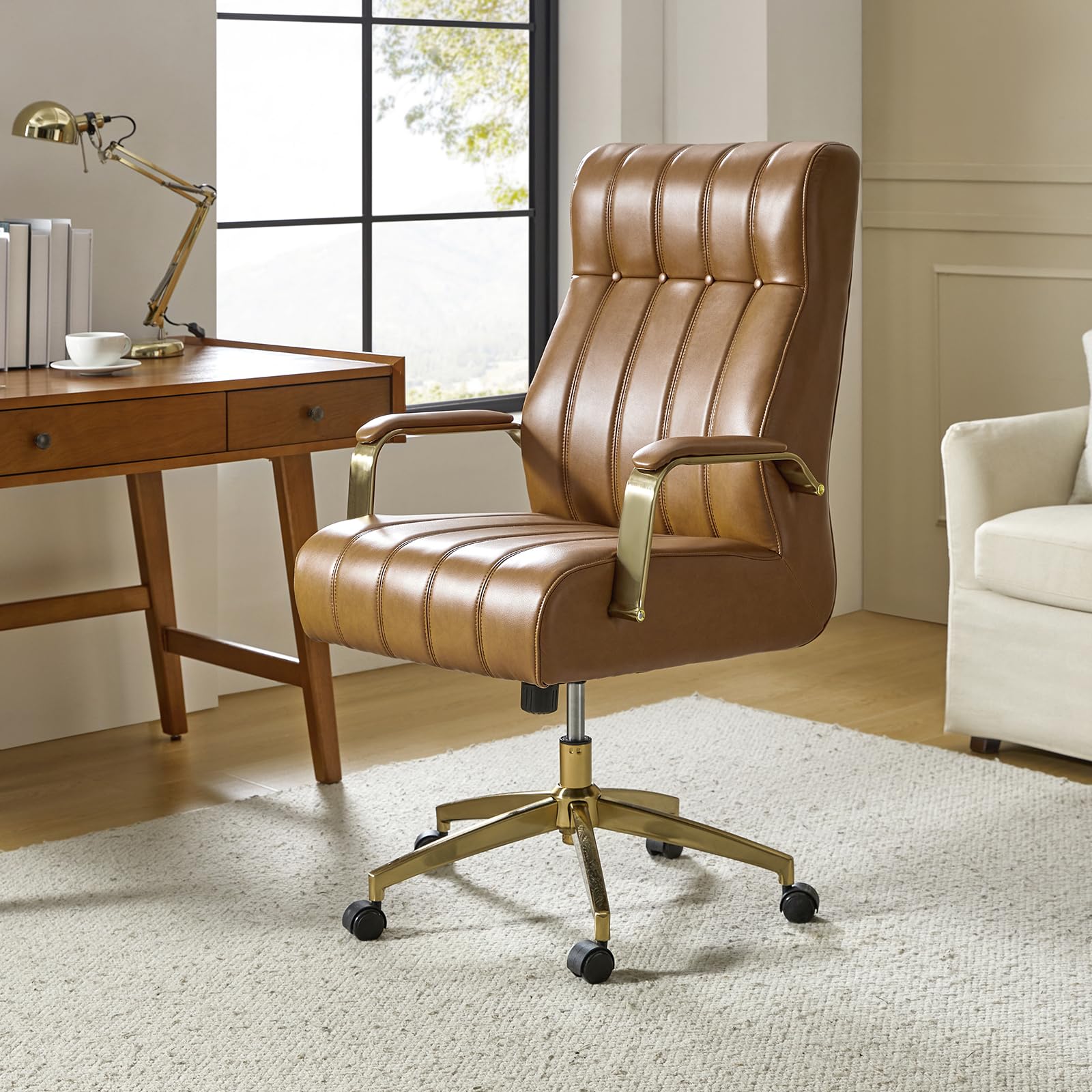Executive Office Chair with Tufted Faux Leather and Gold Base
