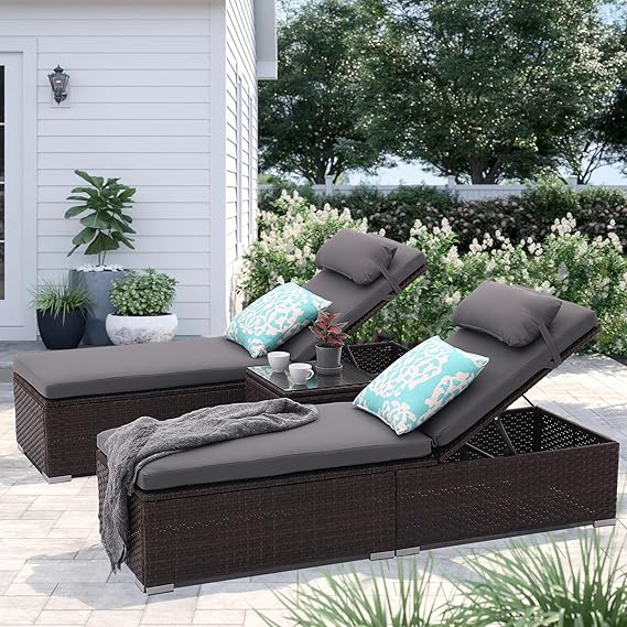 3 PCS Patio Chaise Lounge Set with Coffee Table